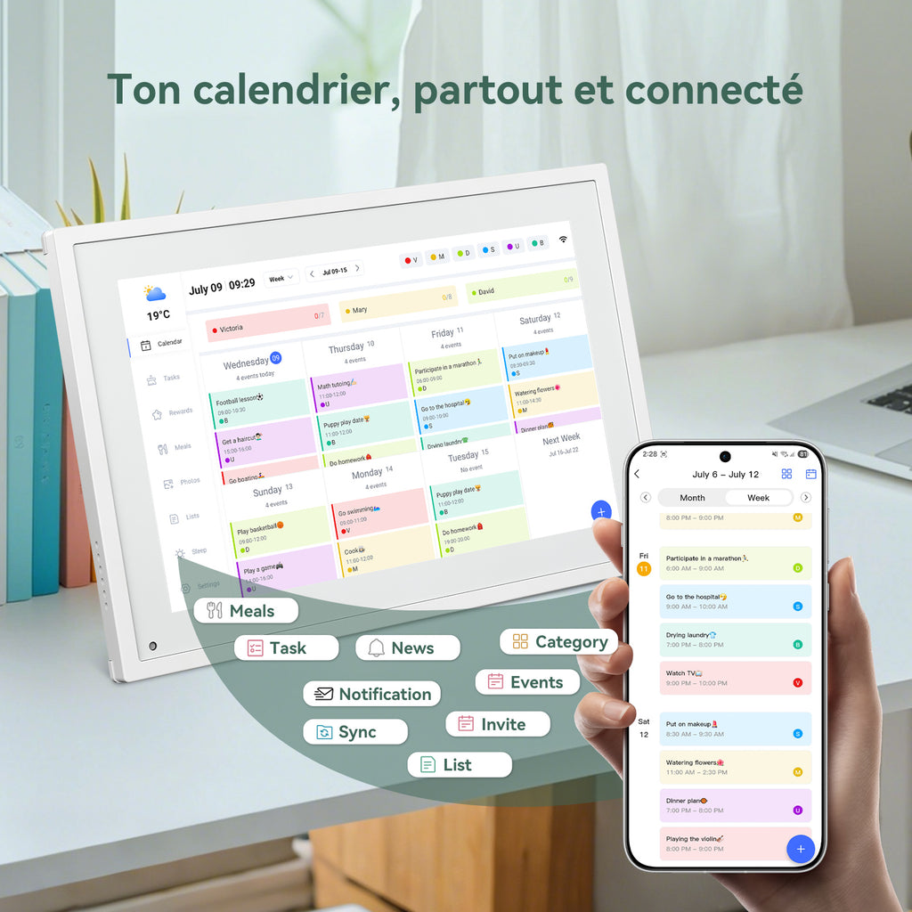 Calendrier Numérique WIFI TABWEE P10 - Cadre Photo Numérique 10,1", Tableau de Planification Électronique pour Famille et Réunions
