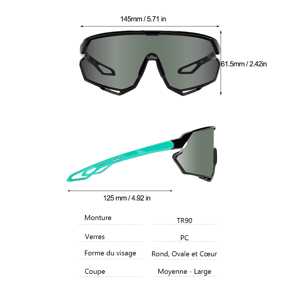 Revoray Lunettes de Cyclisme — Verre Monobloc en PC Haute Définition et Antichoc, Monture Légère en TR90, Protection UV400, Design Aérodynamique, Lunettes de Soleil de Cyclisme Professionnel, X3-noir