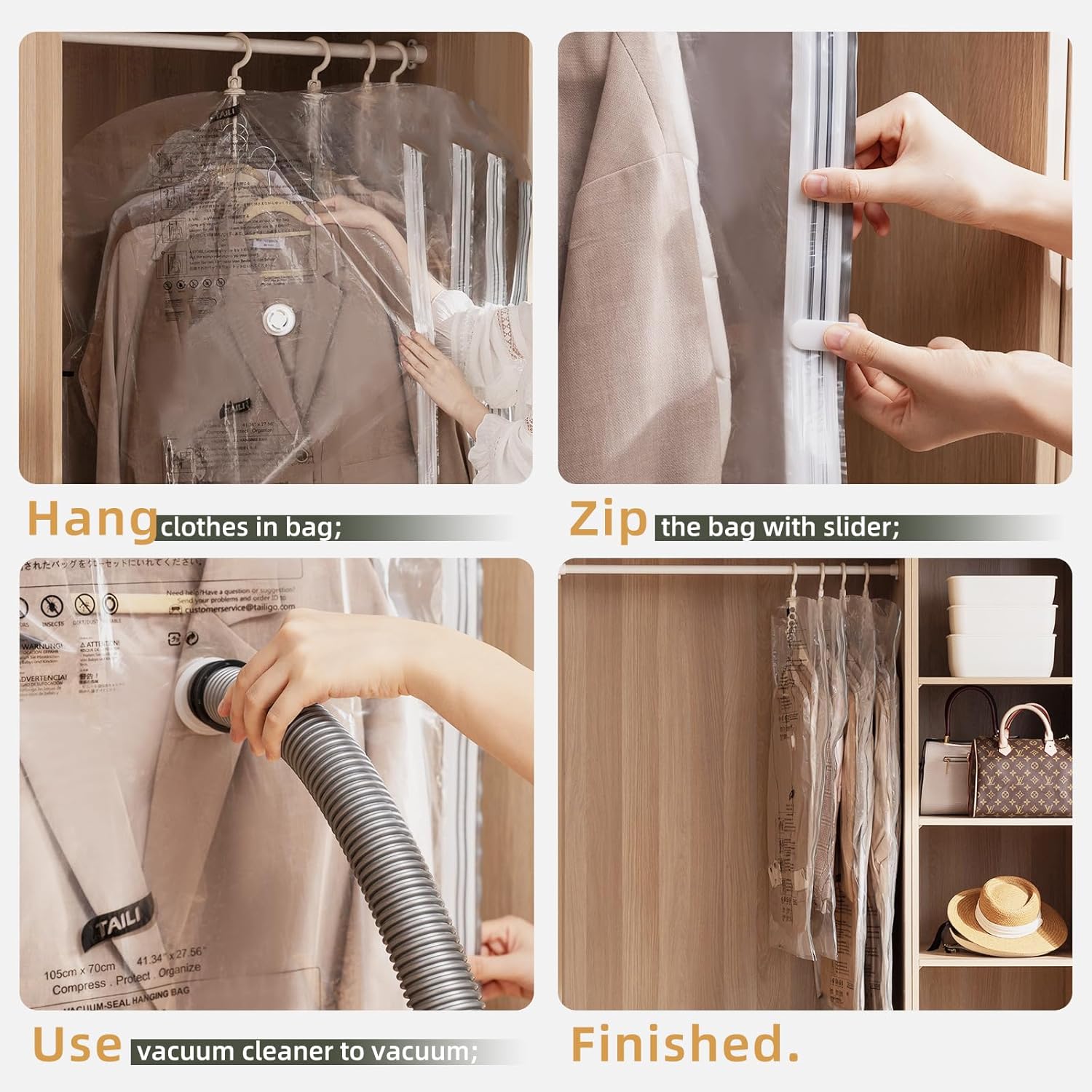 Taili Sacs de rangement sous vide à suspendre, gain de place, pour vêtements, costumes et vestes, transparent (3 longs, 3 courts)