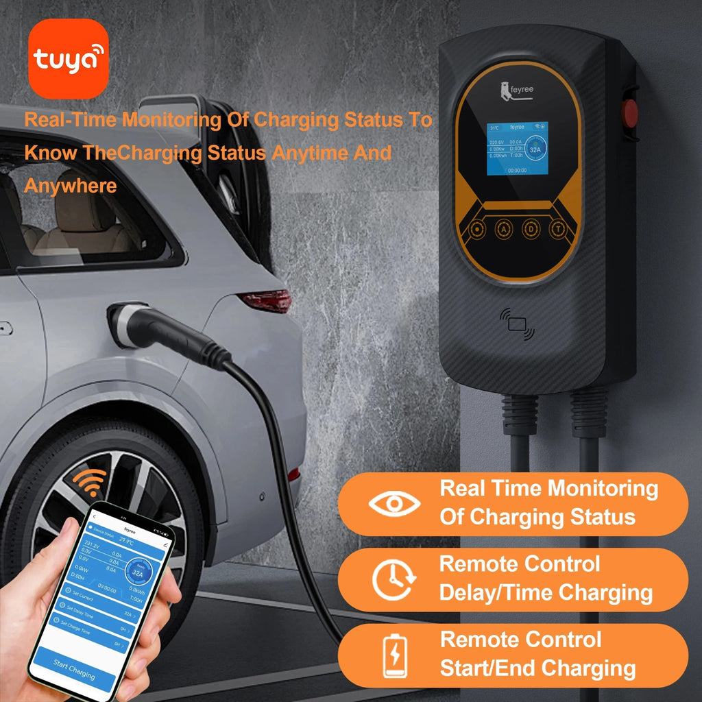 Feyree Câble de recharge type 2, 32 A, 7,6 kW, équilibrage dynamique de charge, station de recharge EVSE murale, contrôlable par application, station de recharge pour véhicule électrique
