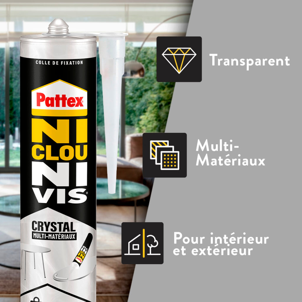 Pattex – Ni Clou Ni Vis Crystal (cartouche de 290 g) – Colle de fixation extra forte pour intérieur et extérieur – Mastic transparent multi-matériaux