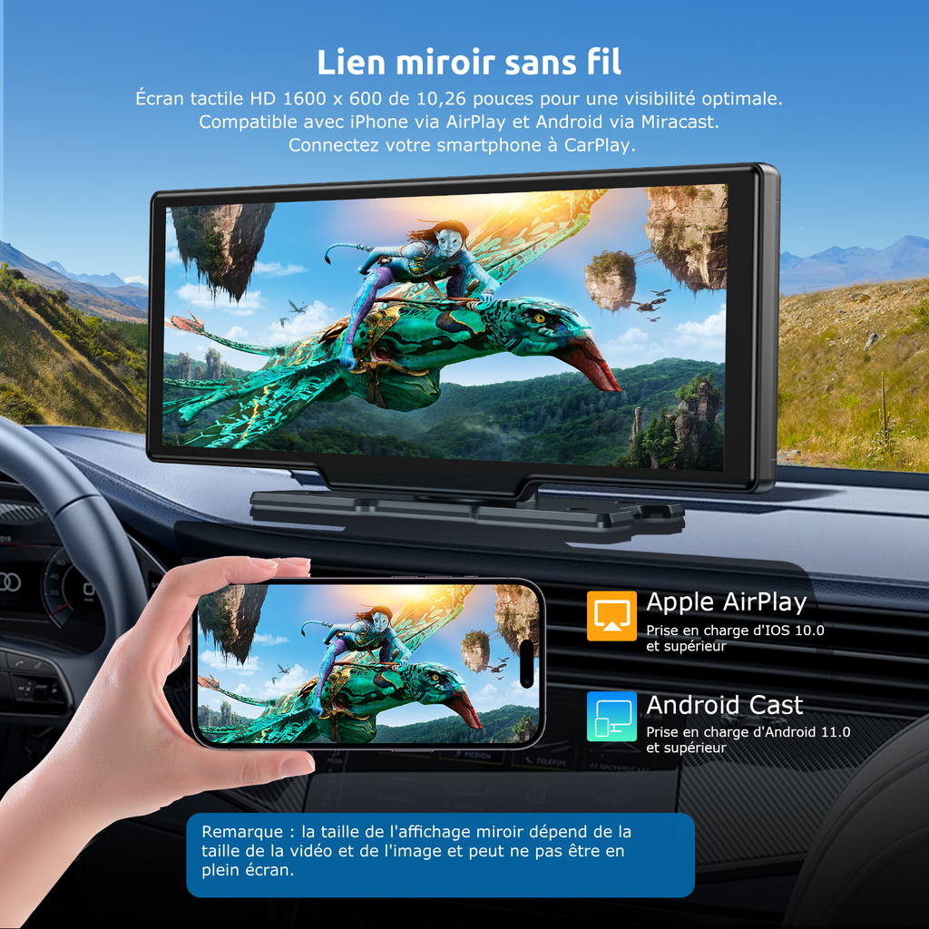 ESSGOO Écran CarPlay HD portable 10,26 pouces, CarPlay sans fil, Android Auto et recopie d'écran, caméra embarquée avant 4K intégrée + caméra de recul AHD 1080P