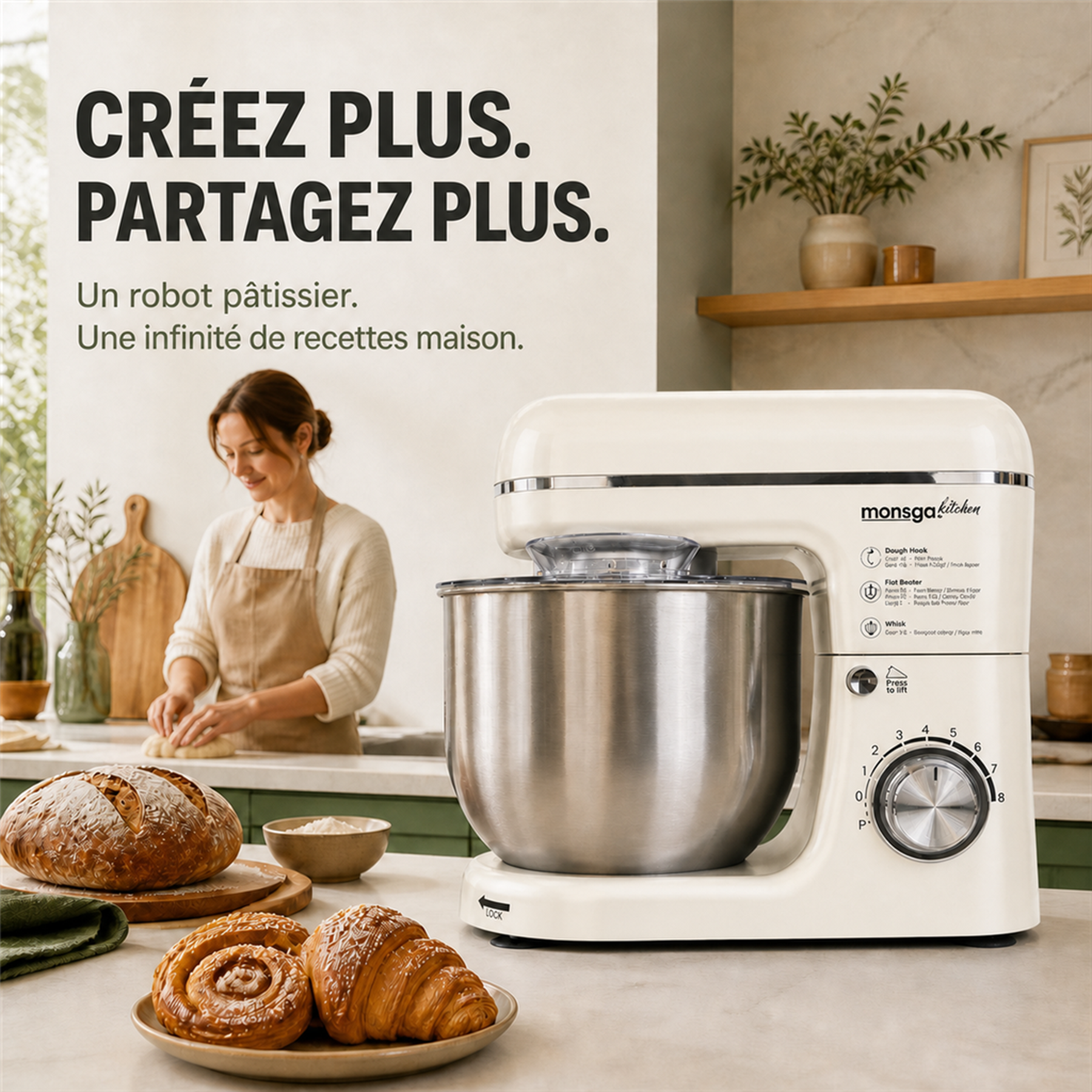 monsga SM100 Robot pâtissier, 1000 W, Blanc crème, Bol mélangeur en acier inoxydable 6,0 L, Silencieux, Avec fouet, Crochet à pétrir en Téflon super antiadhésif (Résistant à 260 °C), Batteur et pare-éclaboussures, 8 réglages de vitesse