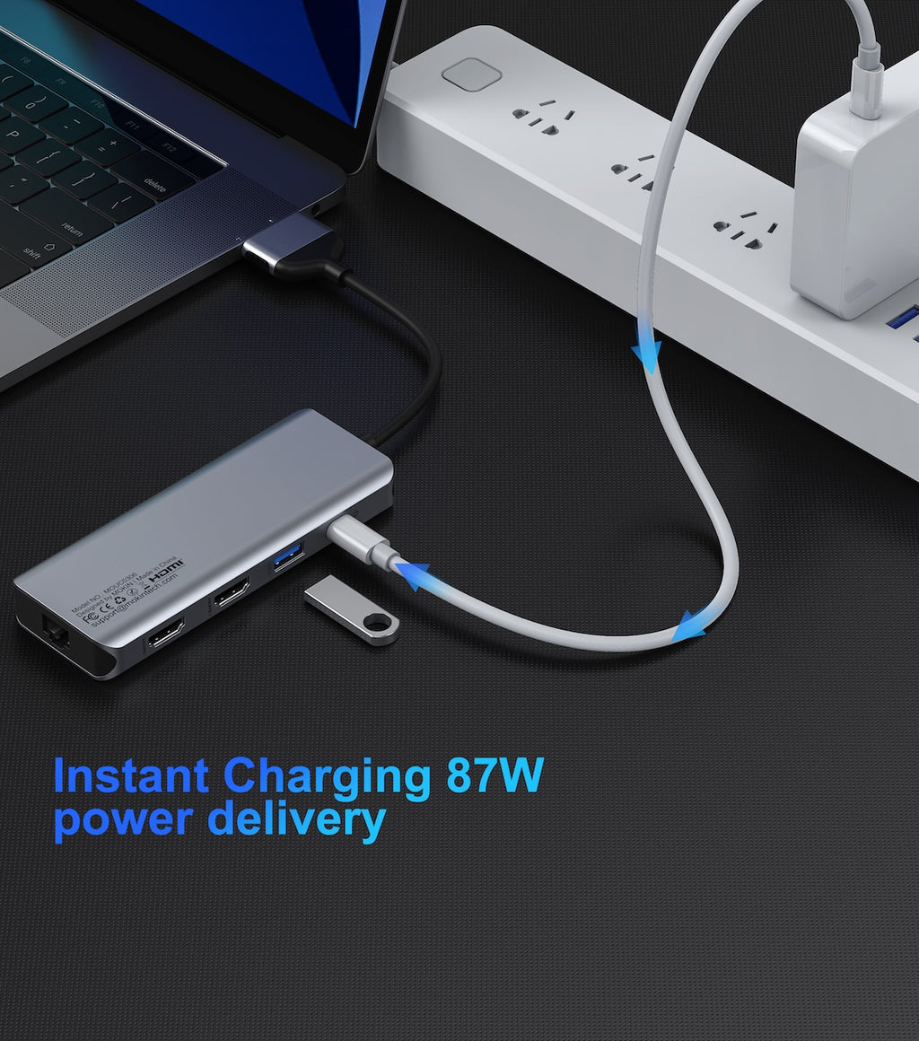 Mokin Adaptateur double USB C vers 2 x HDMI + 2 x USB3.0 + USB2.0 + RJ45 + SD/TF + PD