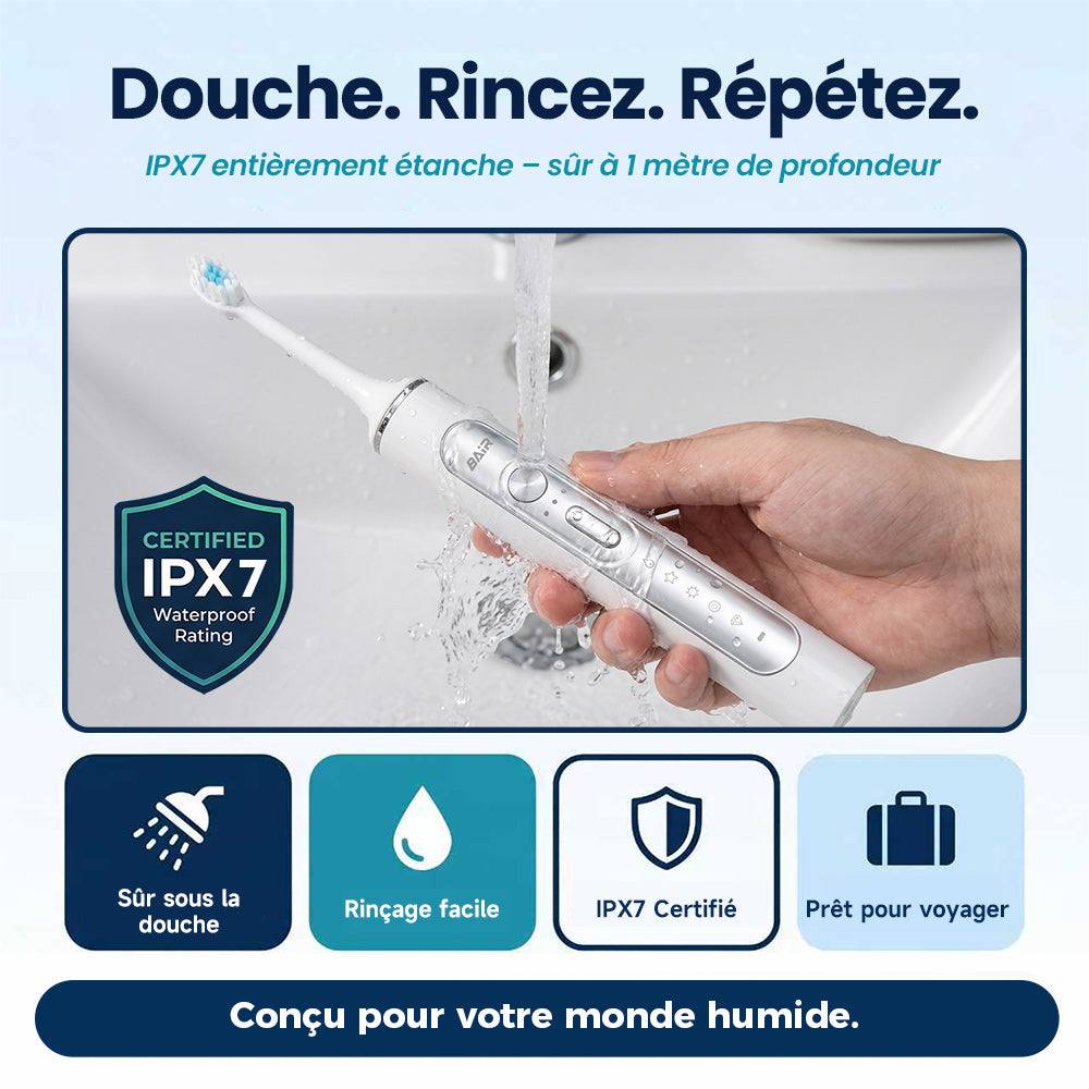 BAIR CARE G201 Brosse à dents électrique sonique - autonomie de 180 jours, rechargeable, 5 modes et 3 intensités, minuteur intelligent 2 min, étanche IPX7, inclut un étui de voyage haut de gamme