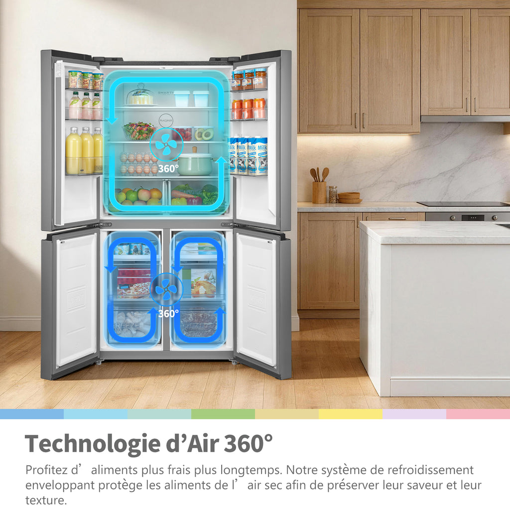 Comfee by Midea' RCF470LS2EU(E) Réfrigérateur 4 portes 474 L | Vario Box | Tiroir à légumes avec 3 températures | Plateau basculant | Contrôle et surveillance de la porte non ouverte – Argent