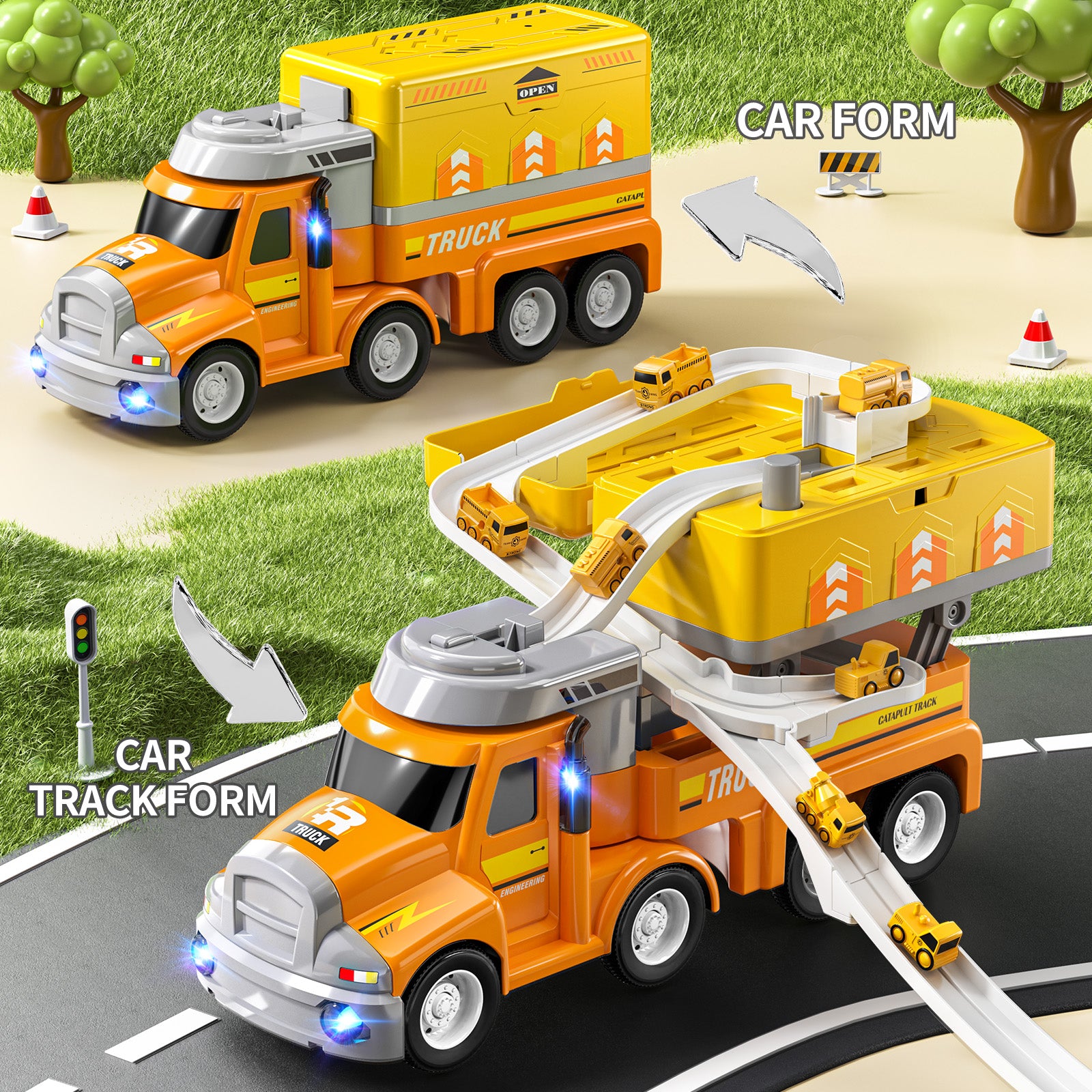 Jouet de transport de voitures Jouet de station de camion mobile avec 8 mini véhicules Piste de course Jouet, Cadeaux d'anniversaire