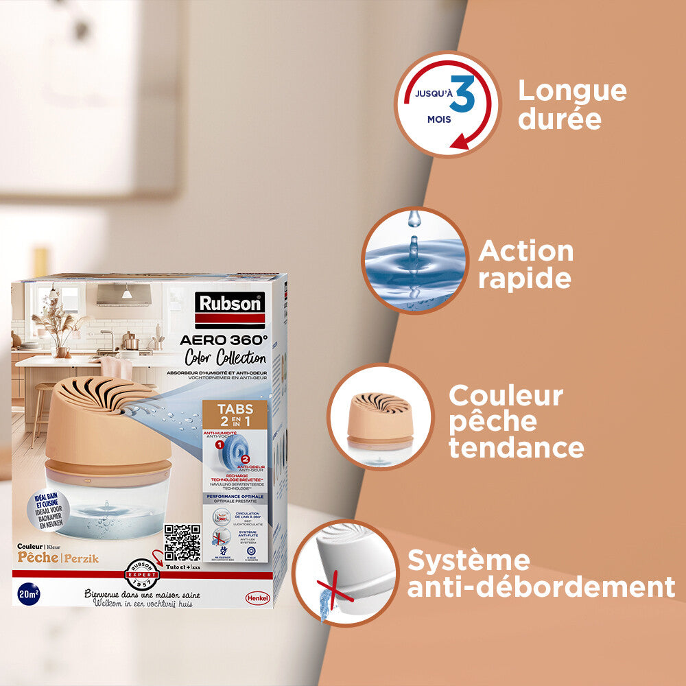 Rubson | Absorbeur d'Humidité Aero 360° Couleur Pêche (1 appareil + 1 recharge de 450 g) – Absorbeur anti-humidité pour pièce jusqu'à 20 m² – Déshumidificateur d'air anti-odeur et anti-moisissure