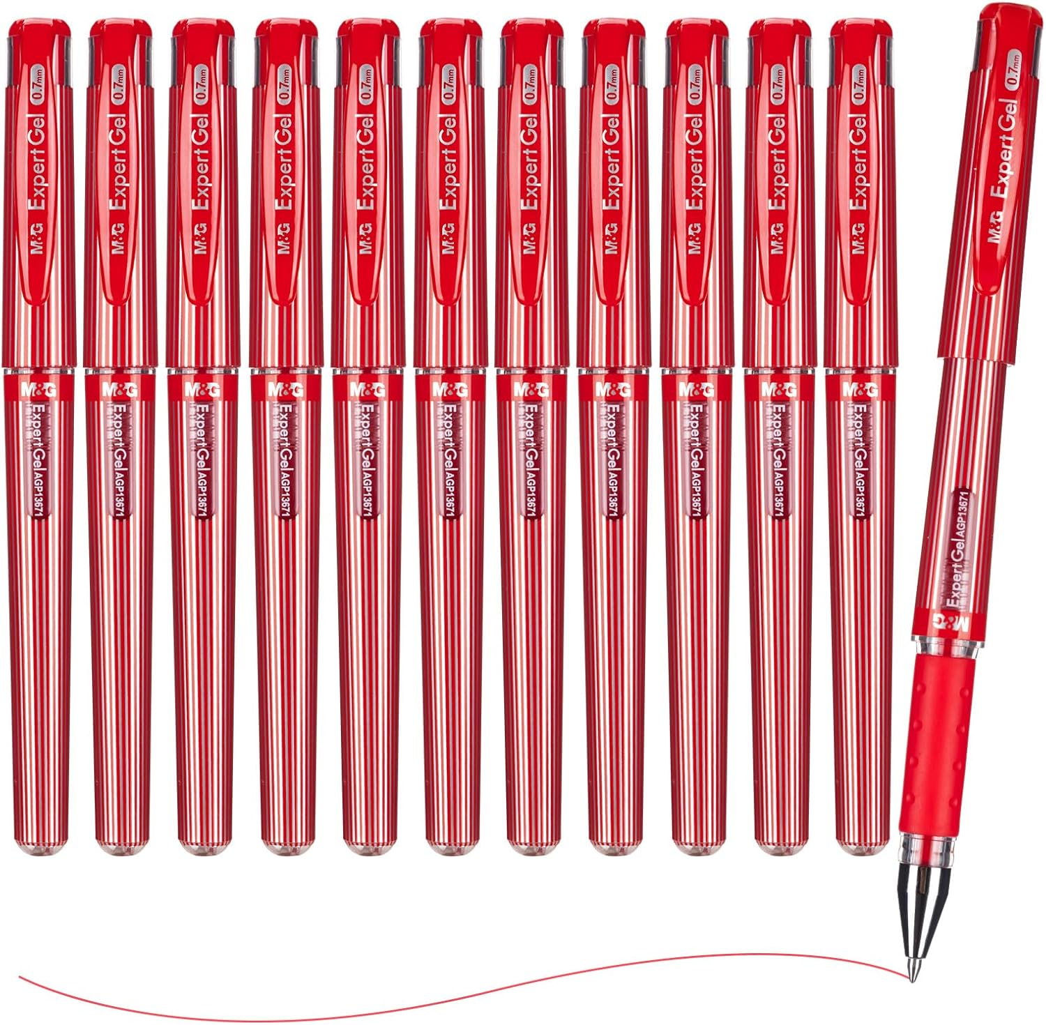 M&G ExpertGel Lot de 12 stylos gel, encre rouge, pointe moyenne 0,7 mm, séchage rapide, écriture fluide, grip antidérapant et capuchon pour bureau et école