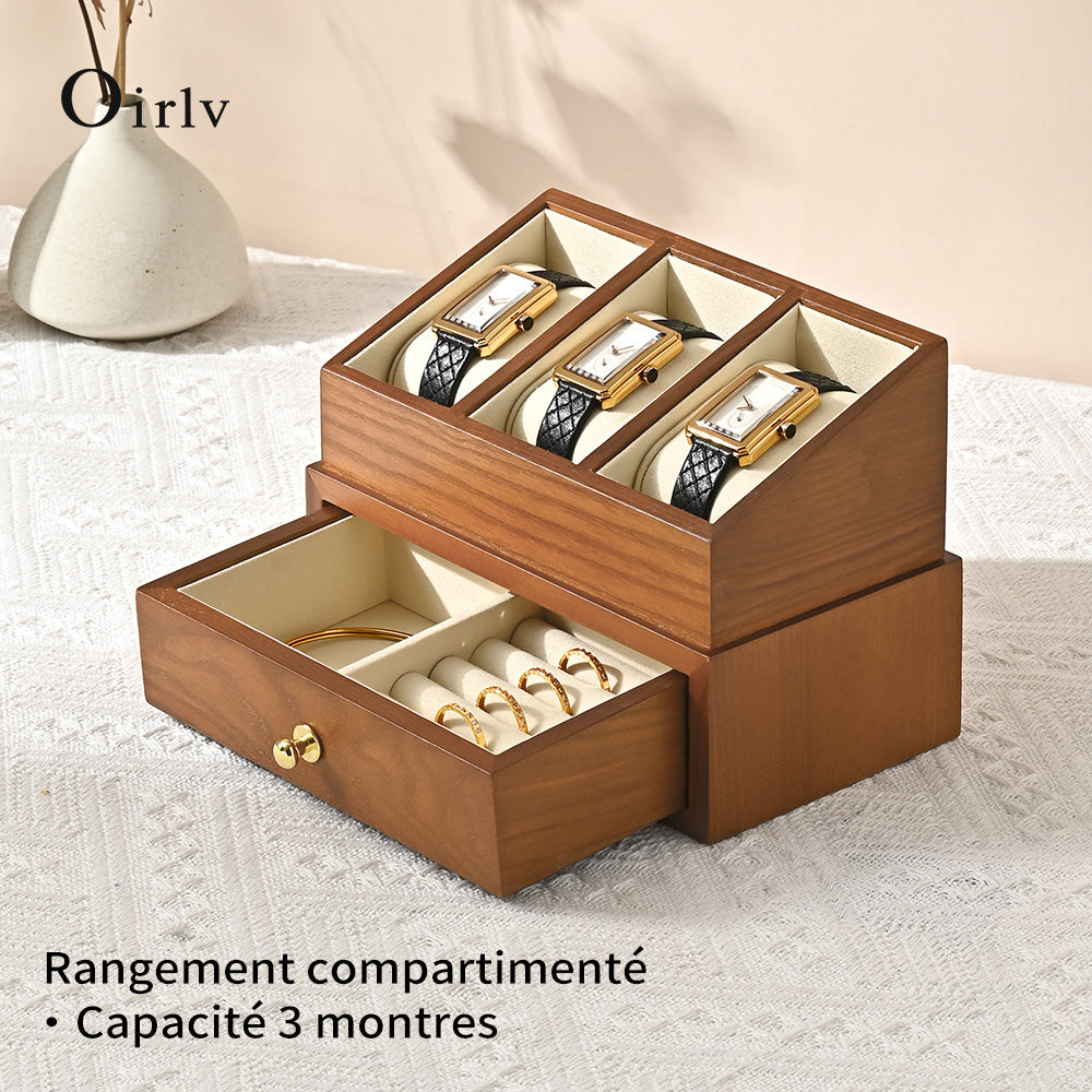 Oirlv 3 Grilds Boîte à montres en bois, organisateur de bijoux à double couche, boîte d'exposition pour montres, boîte de rangement anti-poussière avec couvercle transparent