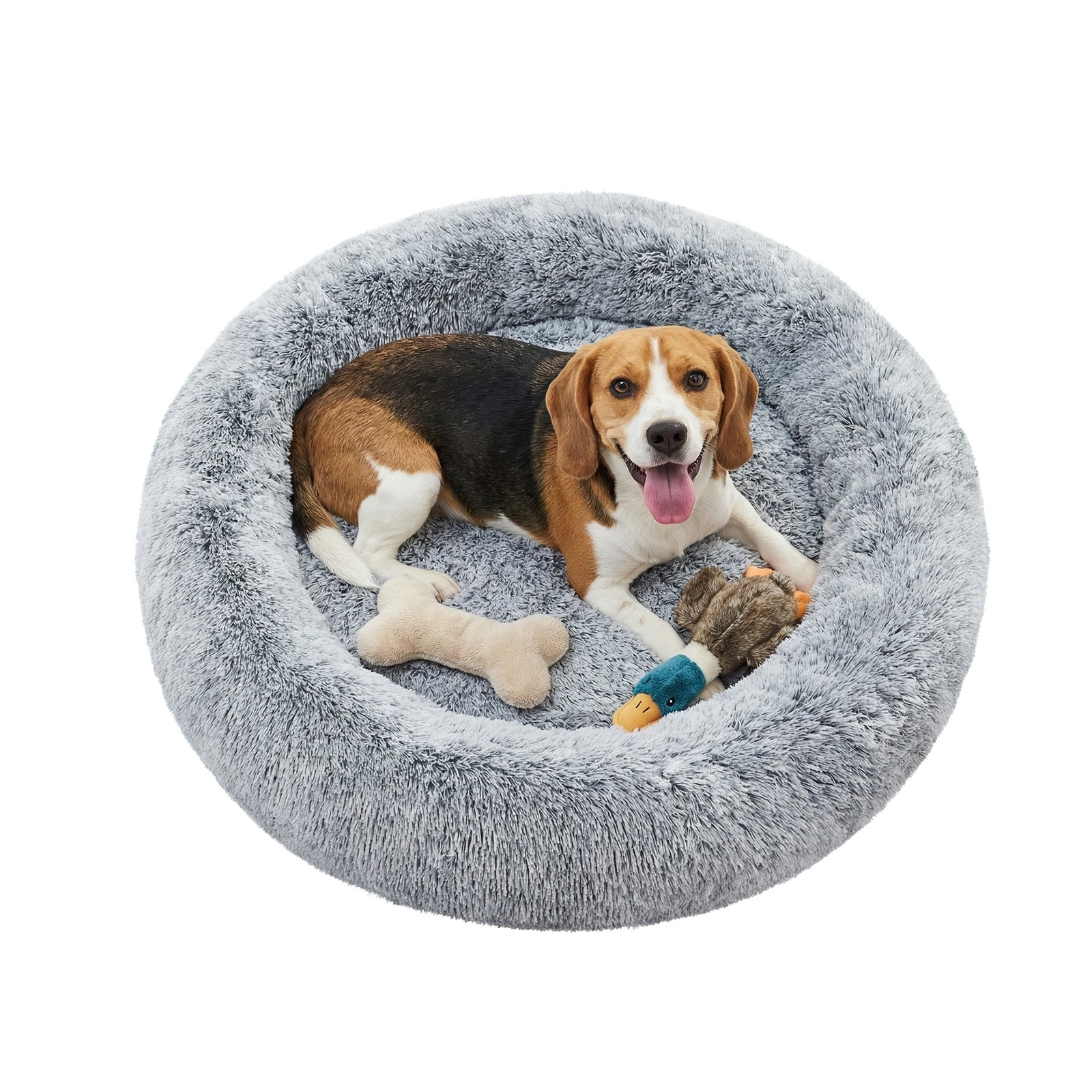 JOYFURNOS Lit pour chien en forme de beignet moelleux apaisant avec housse amovible lavable, 80 cm, gris