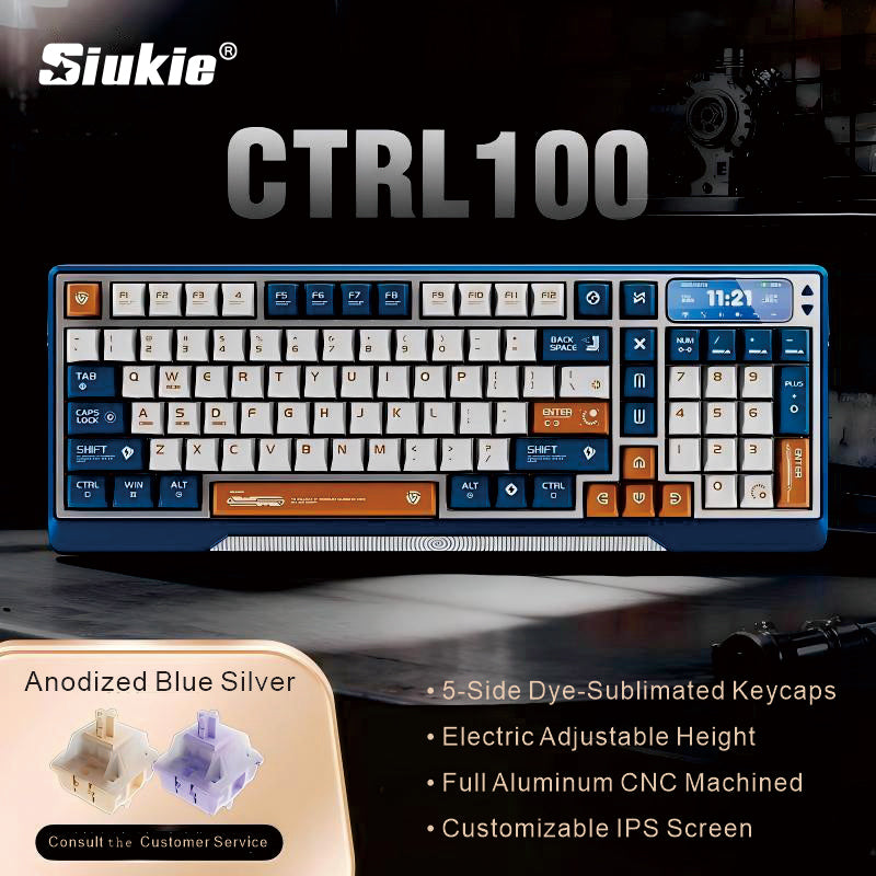 Siukie CTRL100 Clavier mécanique en aluminium CNC, touches HMX Cream Taro HIFI, écran IPS personnalisable, Gasket Mount, sans-fil Tri-Mode, layout 96 %, US QWERTY - Bleu Klein