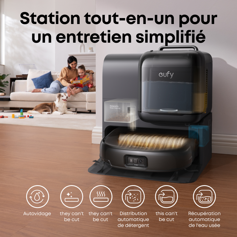 EUFY Robot aspirateur laveur 3-en-1 Omni E28, aspiration + lavage + nettoyage en profondeur portatif, aspiration de 20 000 Pa, HydroJet™ 360 fois/min, brosse anti-emmêlement, couverture de 180 m²