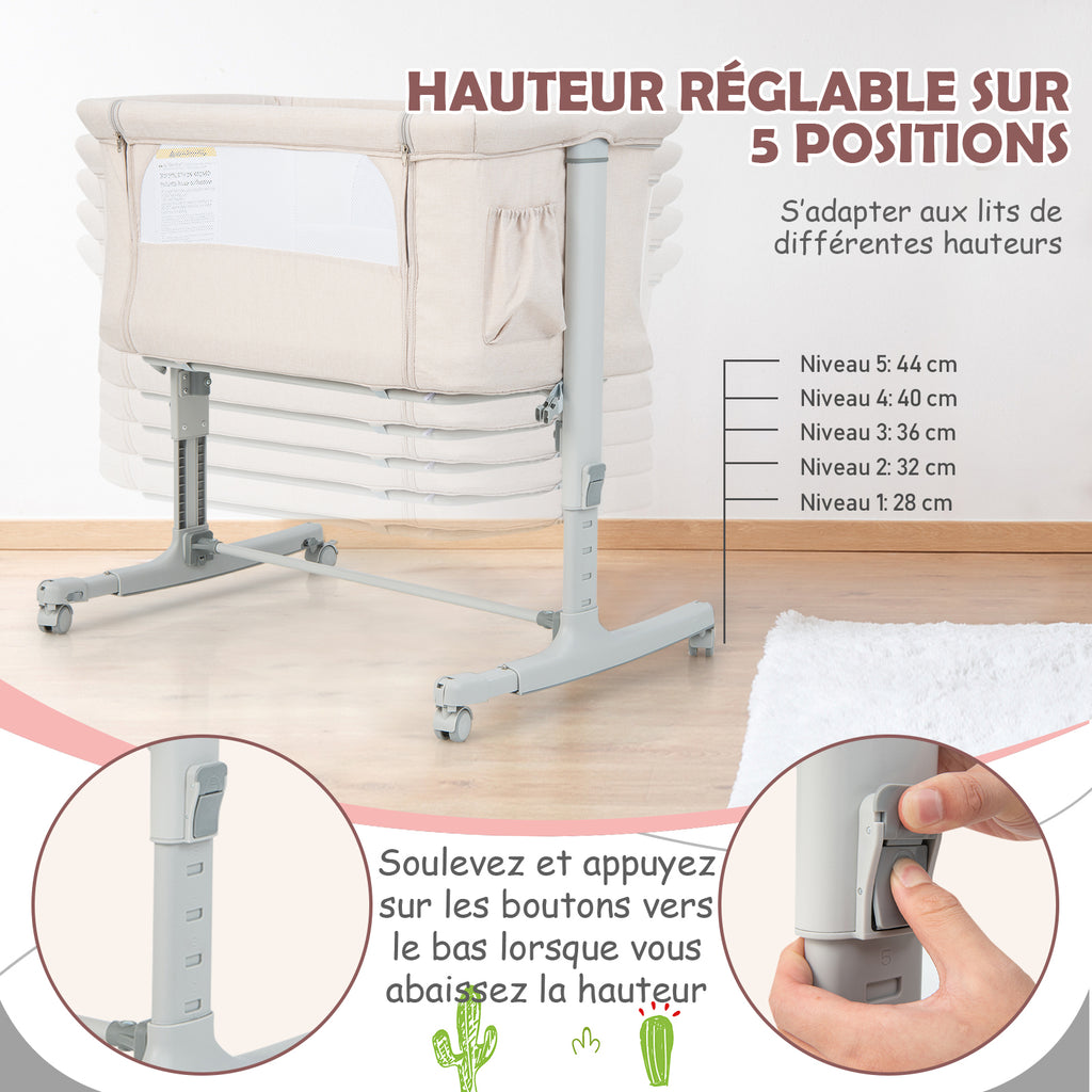 Berceau de chevet portable pour bébé avec 5 hauteurs réglables et sac de voyage - Beige