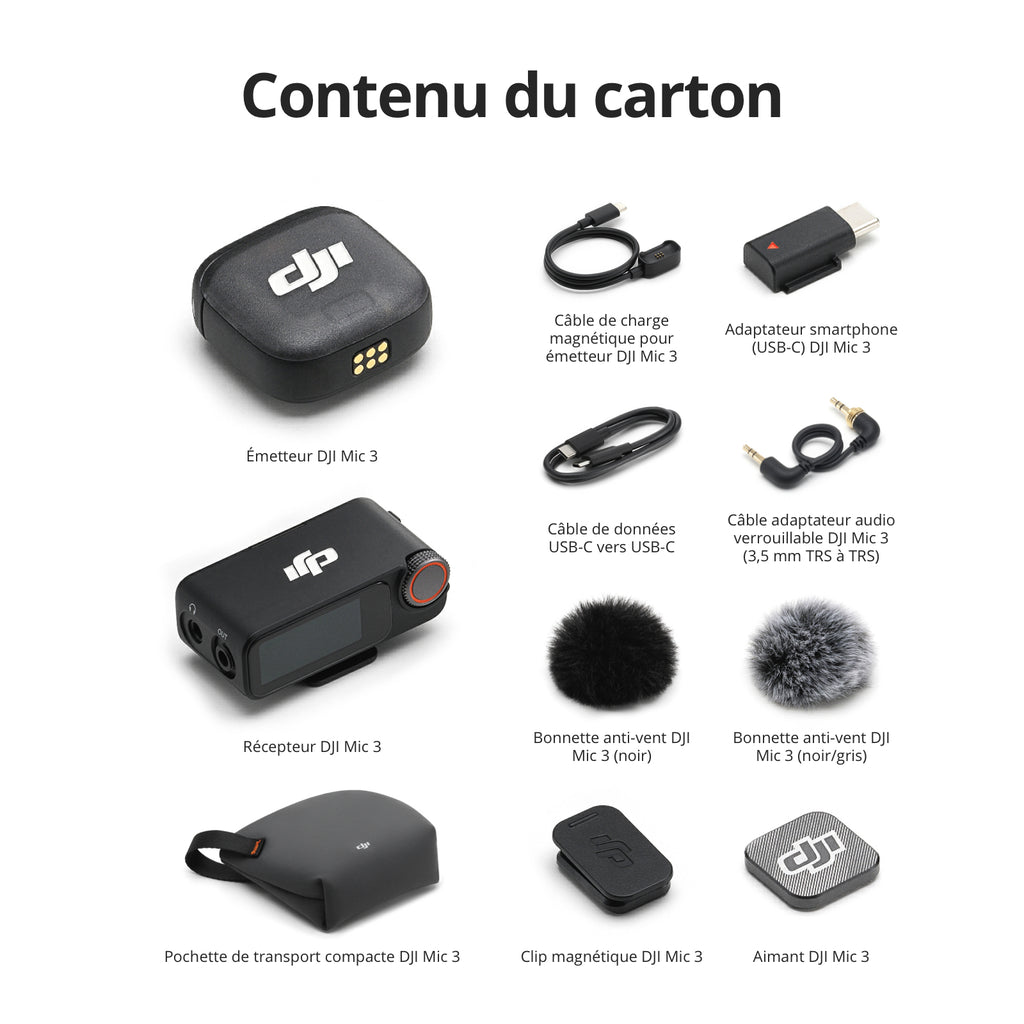 DJI Mic 3 1 TX + 1 RX Micro sans fil pour iPhone/appareil photo/Android, ultra-léger, contrôle d’amplification adaptatif pour un volume équilibré, jusqu’à 28 heures d’autonomie