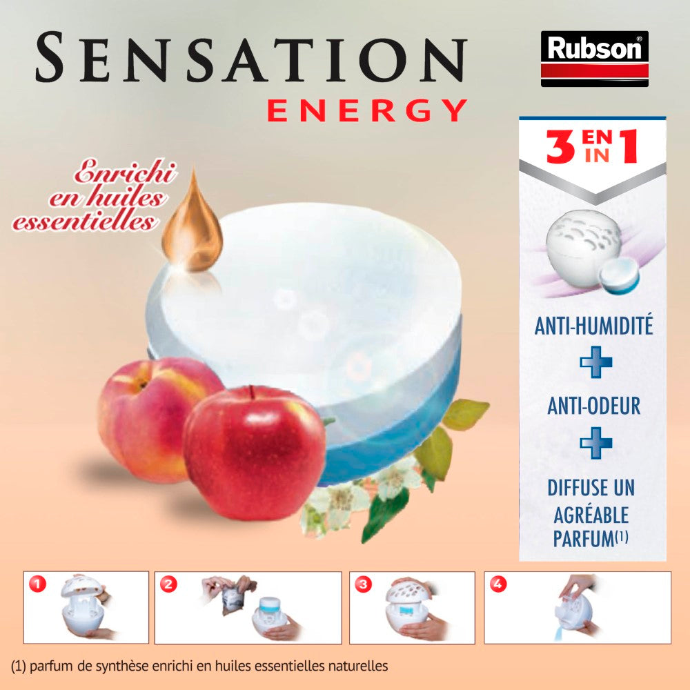Henkel Rubson Sensation Relax Recharges universelles pour absorbeur d'humidité parfum Fruité (2 x 300 g) – Recharges 3 en 1 anti-humidité, anti-odeur et agréable parfum