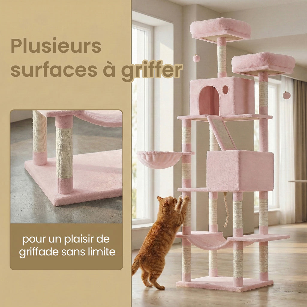 Arbre à chat hauteur 206 cm avec 13 griffoirs, 2 plateformes, 2 niches et panier, hamac, pompon - Rose bonbon