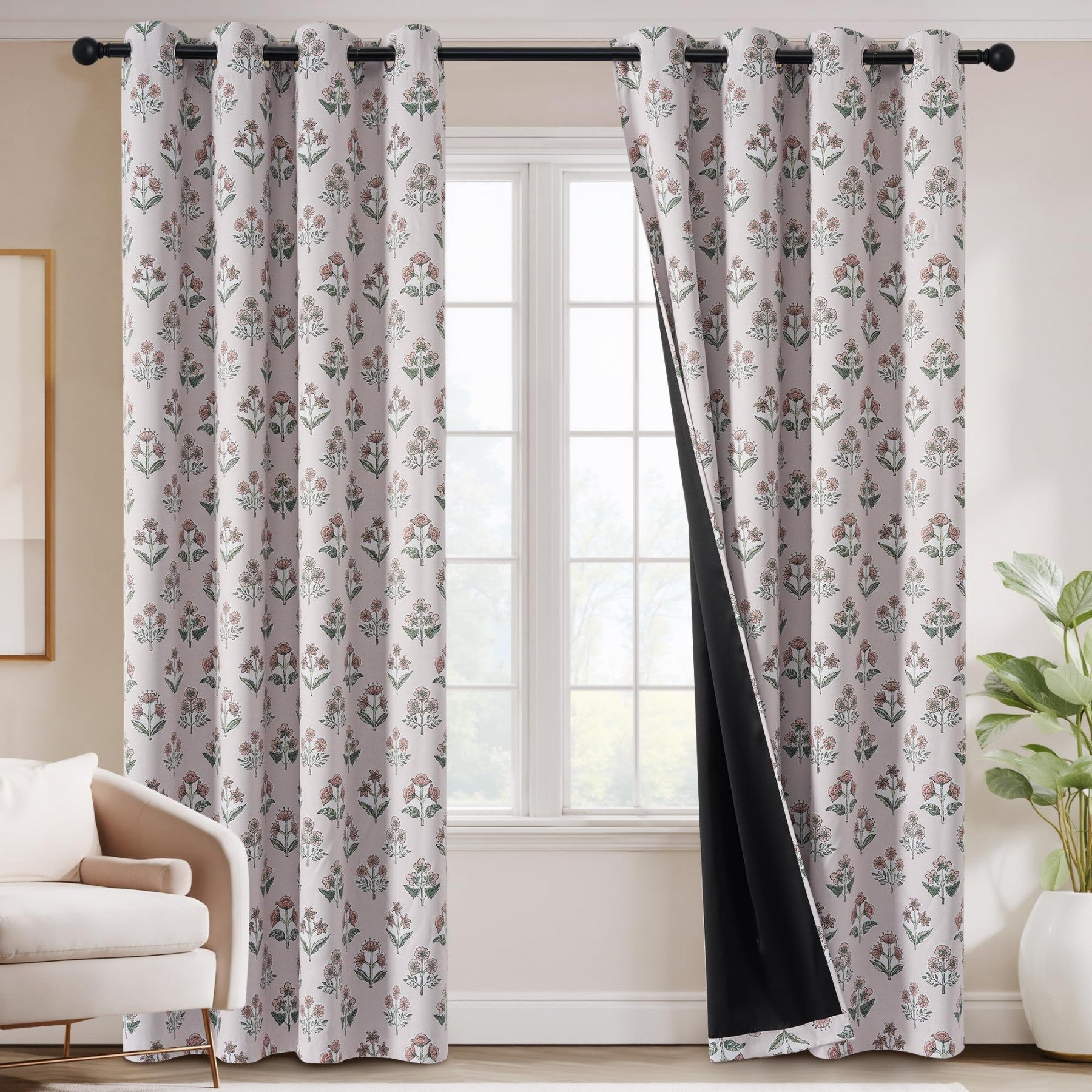 PONY DANCE Rideaux 100 % Occultants 2 Panneaux, Motif Floral Délicat en Rose Clair, Style Bohème Chic Rideaux Isolants Thermiques pour Salon, Chambre, Chambre d'Enfant, L 132 x H 245 cm