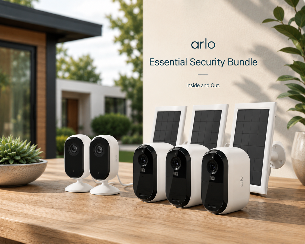 ARLO Pack Maison Protégée : Pack de 3 caméras extérieur Arlo Essential2 2K + 3 panneaux solaires + 2 caméras intérieur Arlo Essential 2K