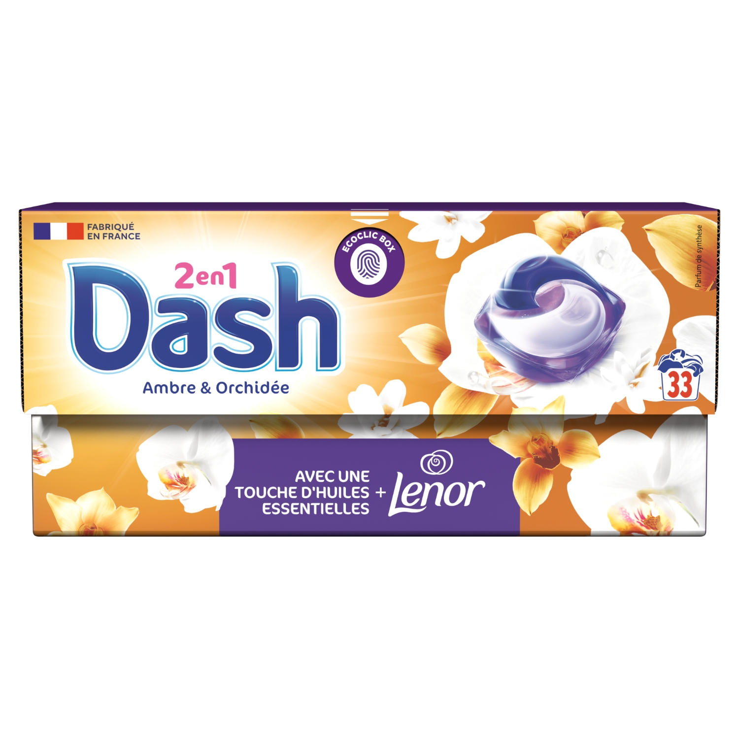 DASH 2-en-1 Lot de 33 capsules de lessive parfum ambre et orchidée