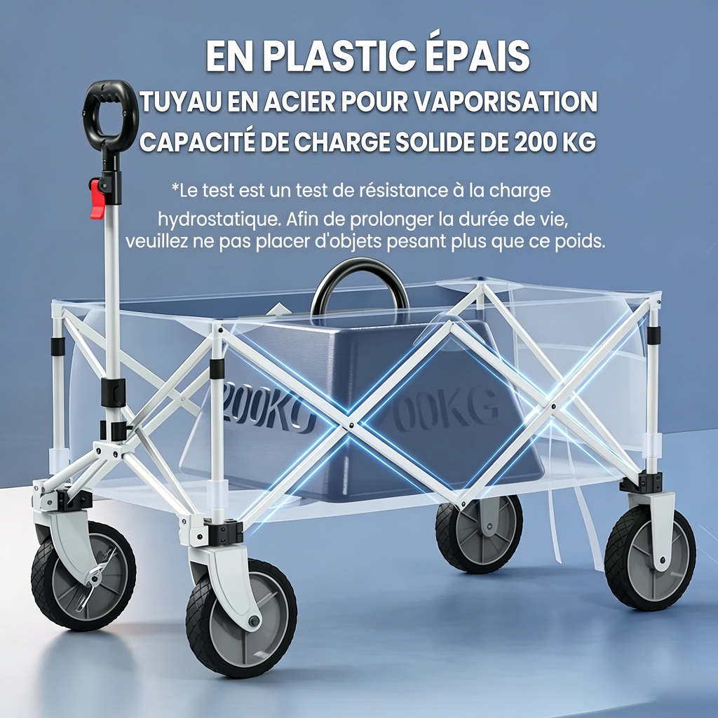 Ochama Chariot de camping pliable compact 127 L Jaune sable, Charge 200 kg, Capacité empilable 250 L, Roues pivotantes 360° à double frein, Rangement gain de place