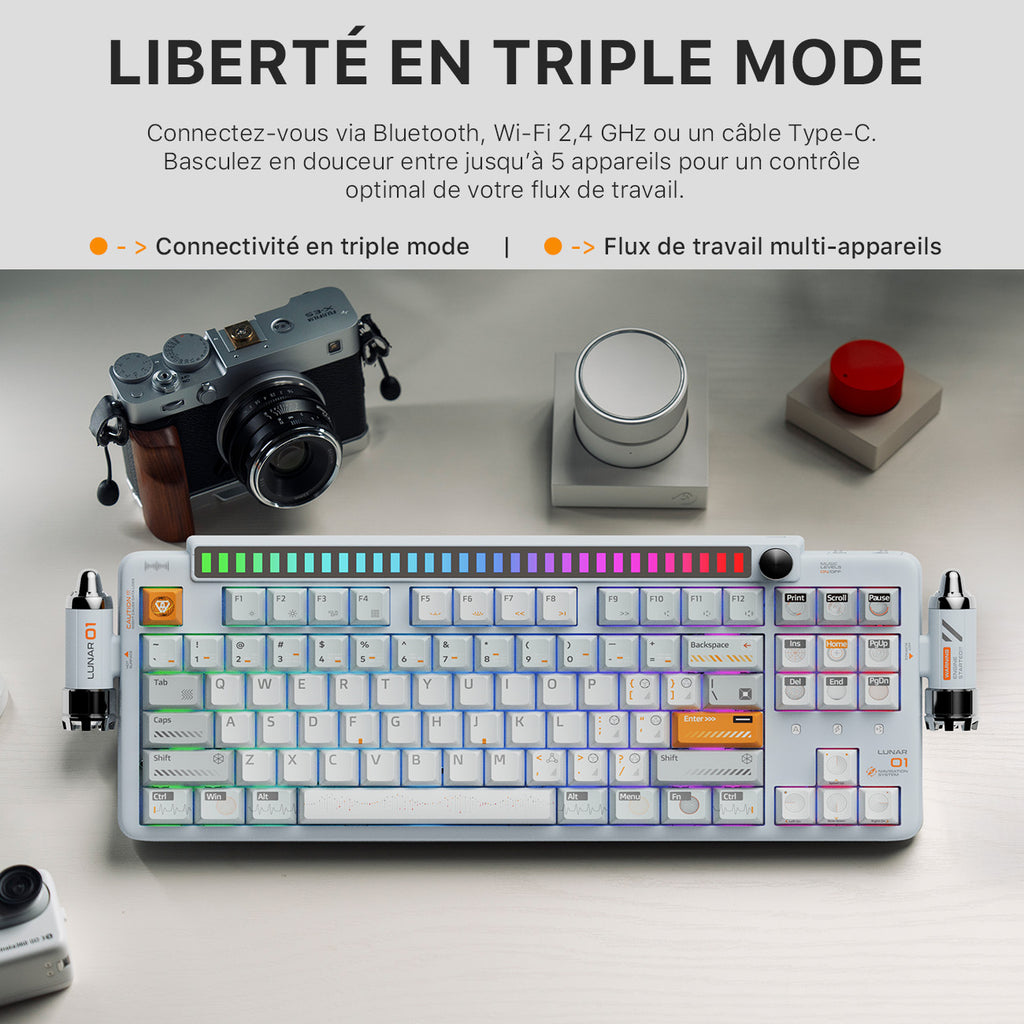 KEYSME Lunar 01 clavier mécanique 80 % triple mode, disposition QWERTY US, montage sur joints avec éclairage rythmique, interrupteurs remplaçables à chaud
