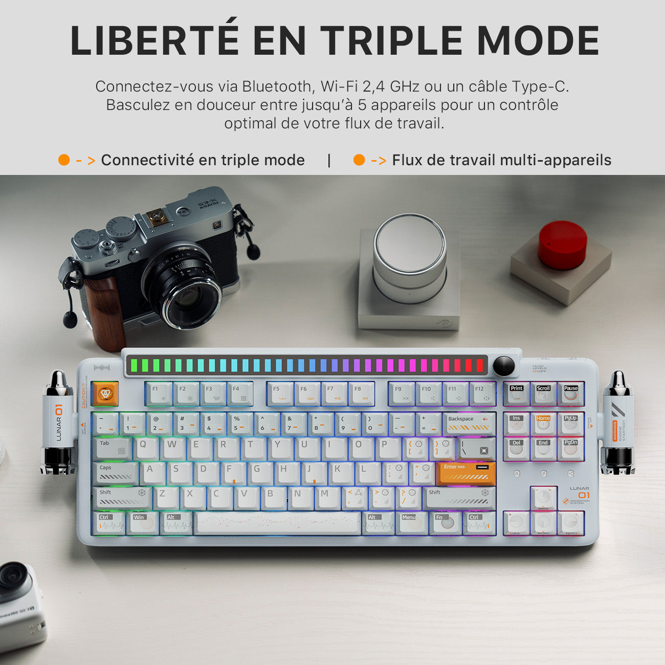 KEYSME Lunar 01 clavier mécanique 80 % triple mode, disposition QWERTY US, montage sur joints avec éclairage rythmique, interrupteurs remplaçables à chaud