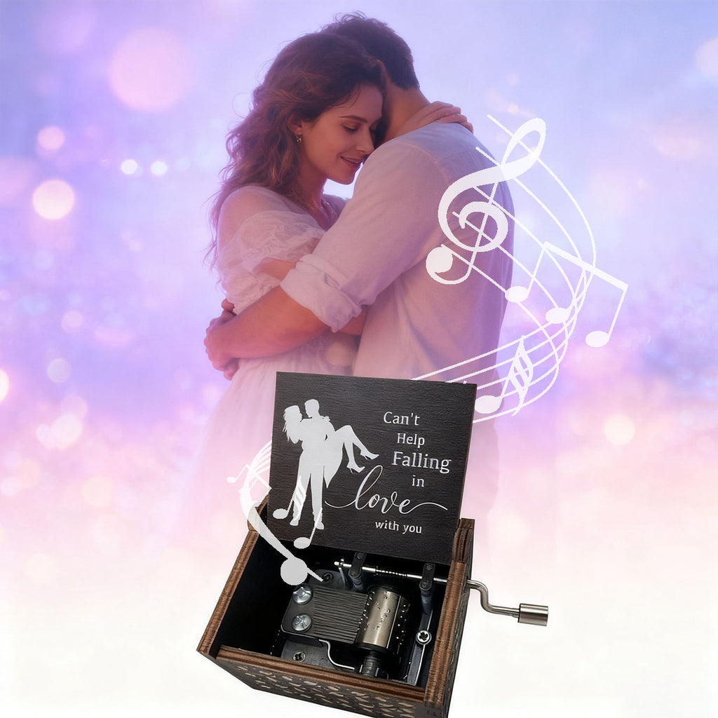 Alphynix 1 pièce Cadeau musical romantique, Boîte à musique en bois "Je ne peux pas m'empêcher de tomber amoureux" avec gravure de couple, Cadeau anniversaire Saint-Valentin