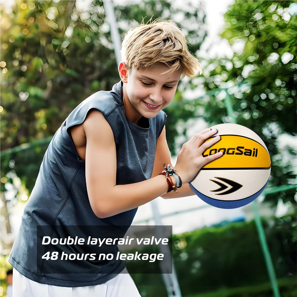 LONGSAIL Ballon de basket-ball en cuir composite haut de gamme/cuir microfibre taille 5 Jaune/Blanc/Bleu polyuréthane absorbant l’humidité