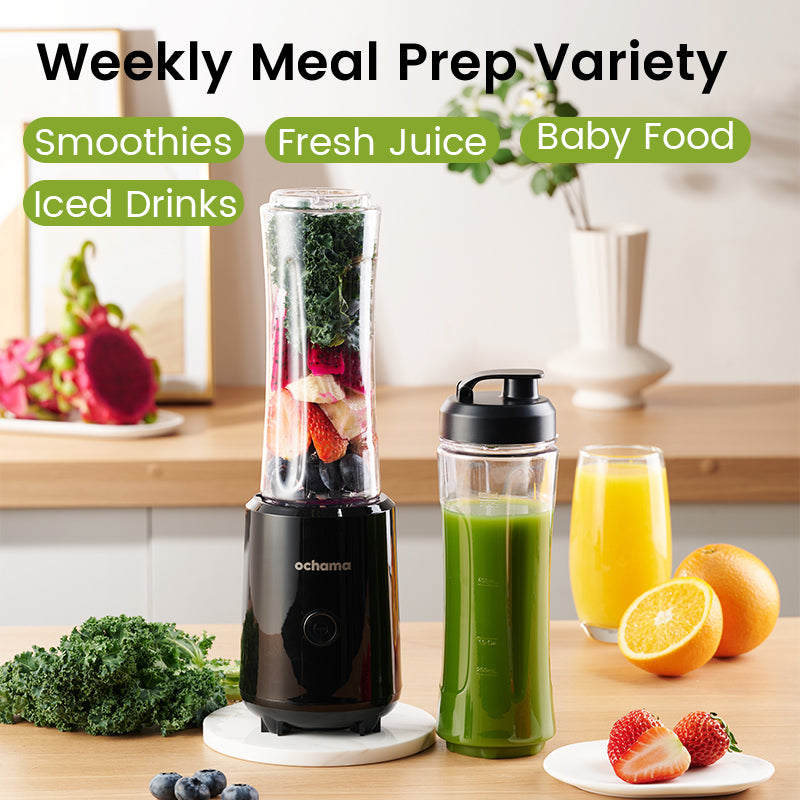 ochama Blender Portable 300W, 600ml Mini Smoothie Maker avec Gourde, Compact pour la Maison, Commande à Une Touche, Glace Pilée, Lames Amovibles, Milkshakes, Jus, Nourriture Bébé, Boissons Fraîches