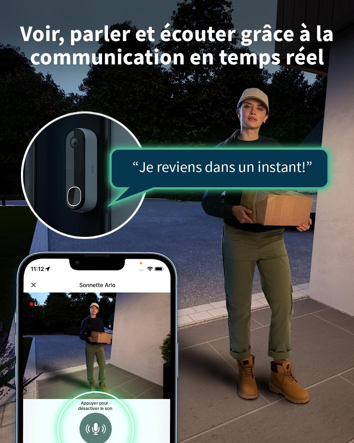 Arlo AVD3001-100EUS Sonnette de Surveillance Vidéo sans fil Extérieure WiFi Essential HD, Autonomie de 6 Mois, Capteur de Mouvement, Vision Nocturne, Audio Bidirectionnel Blanc