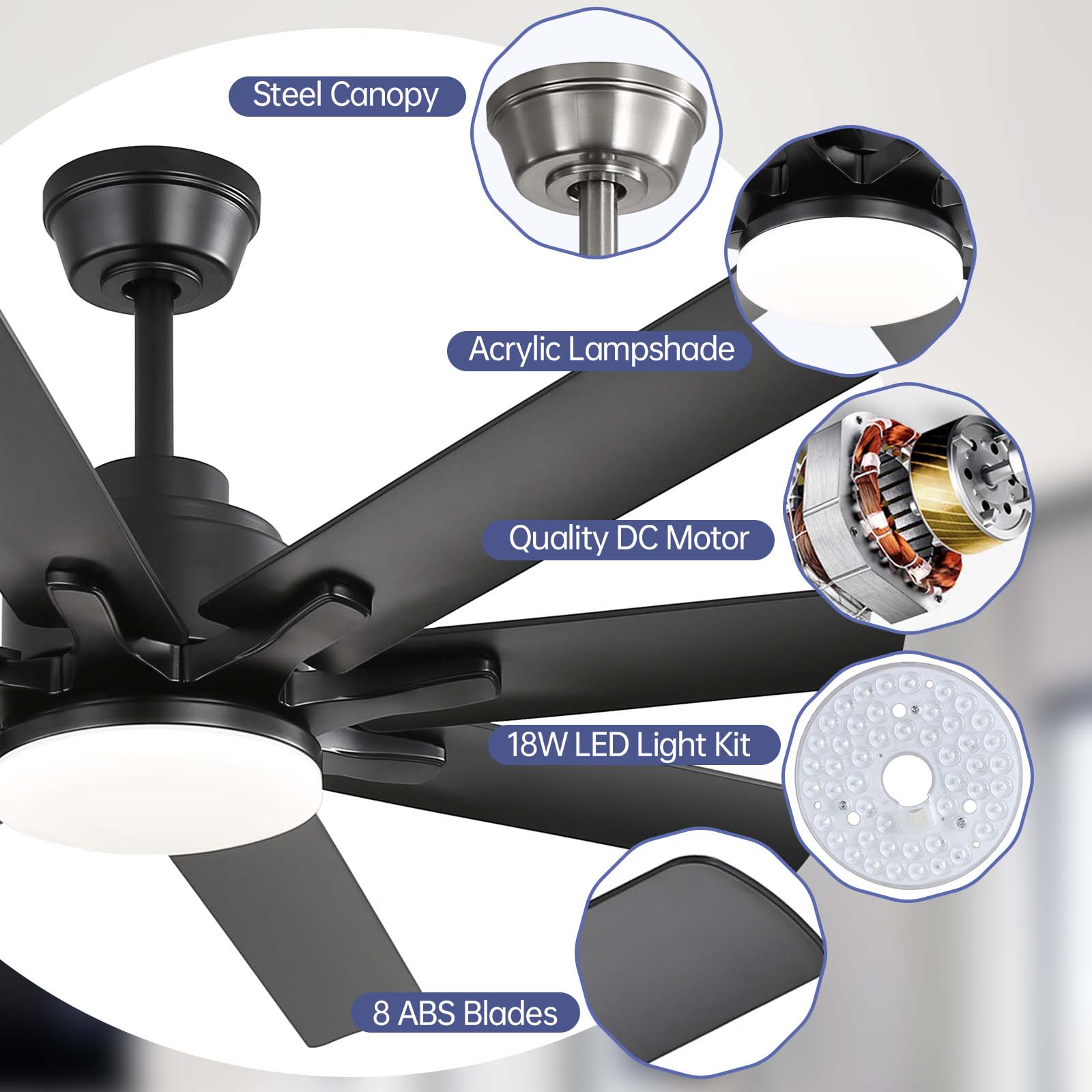 Sofucor 52K138 52 pouces Ventilateur de plafond avec lumière à tige noire avec 8 pales en ABS