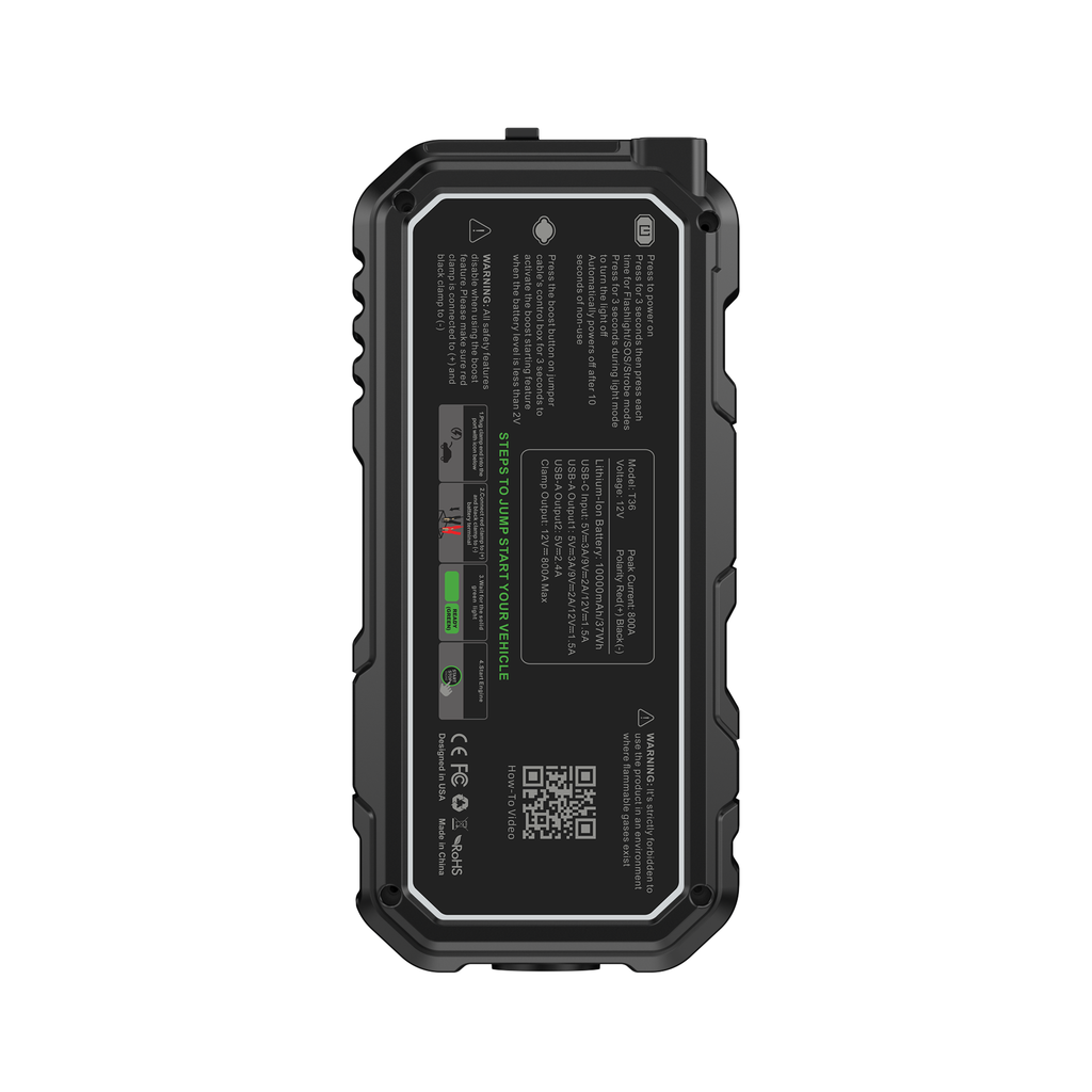 CAROSS Booster de démarrage compact 800 A 12 V, Noir, Batterie lithium 10000 mAh, Protection anti-étincelles et inversion de polarité, Fonction boost, Charge rapide QC 18 W, Étui de protection inclus