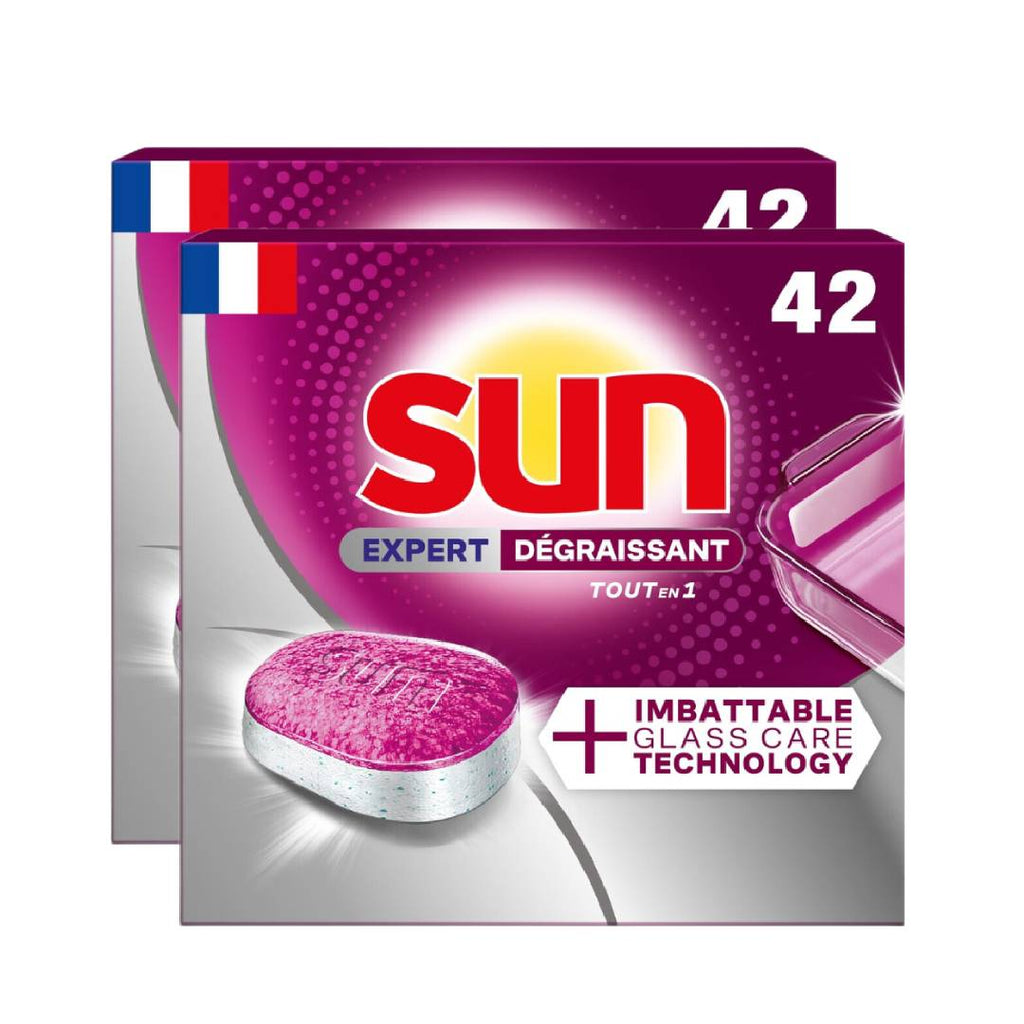 SUN Tout-en-1 Expert Tablettes Lave-Vaisselle Dégraissantes Technologie Glasscare 2 x 42 Tablettes (= 84 Tablettes) (84 Lavages)