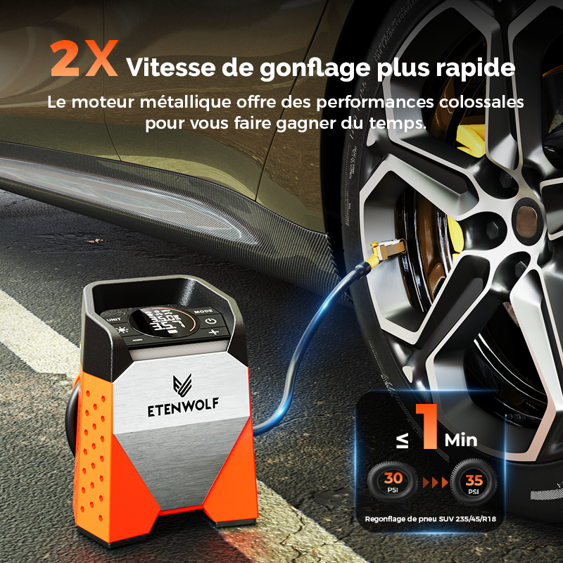 ETENWOLF ZEPHYR S3 Gonfleur de pneus portable, compresseur d'air, cycle de service à 100 %, pompe à air 160 PSI - Orange vif