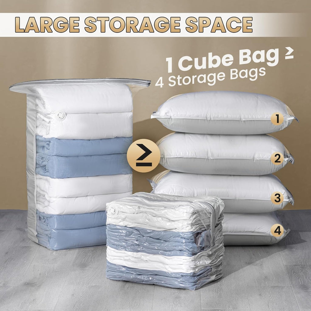 Taili Lot de 6 sacs de rangement sous vide, Ensemble de sacs cubes gain de place (3 très grands + 3 moyens), Sacs à fermeture sous vide pour literie, vêtements, couettes, couvertures