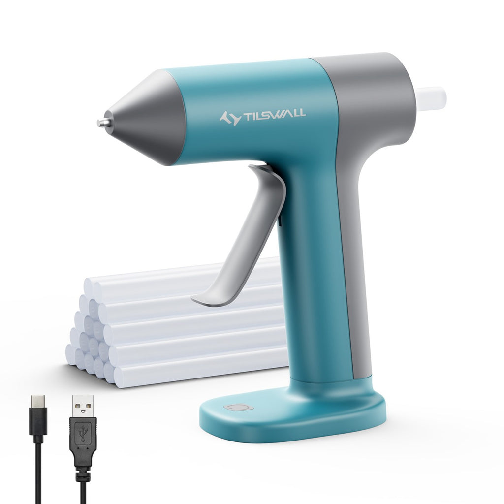 TILSWALL Ideal Mini pistolet à colle chaude sans fil avec 20 bâtons de colle 7 x 140 mm, Rechargeable USB-C, Chauffage rapide 30 s, Buse anti-goutte, Bleu