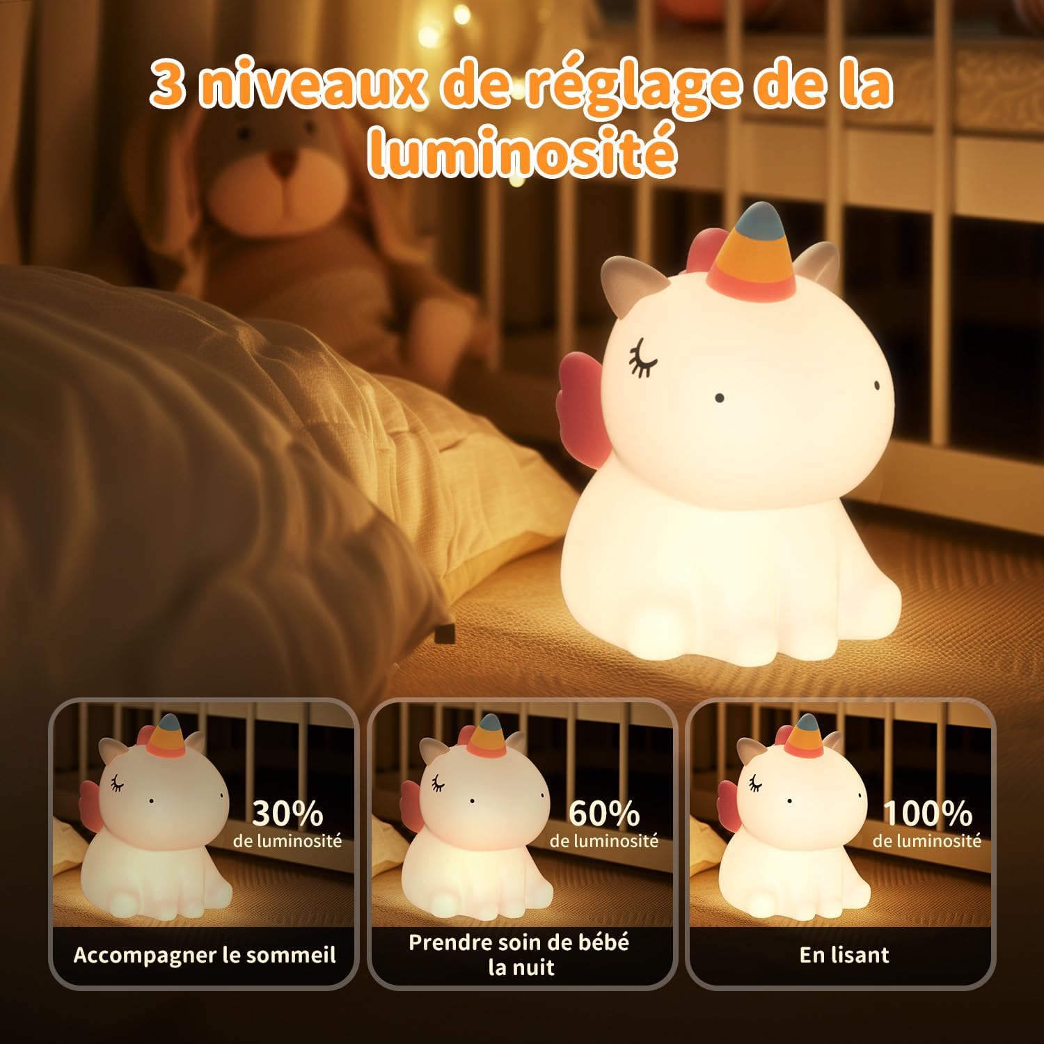 VIVREAL Veilleuse licorne pour enfants Silicone LED à intensité variable Souple Rechargeable Tactile Blanc