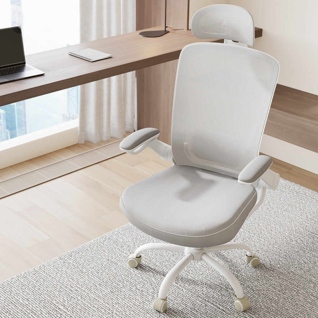 JOYFURNOS Chaise de bureau pivotante ergonomique avec soutien lombaire, appuie-tête, accoudoirs relevables, fonction d'inclinaison - Gris
