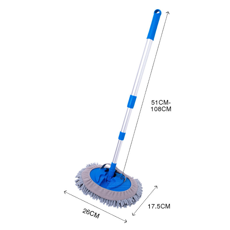 Serpillère en chenille bleue de tête 26 x 17,5 cm avec perche télescopique en aluminium à 3 sections - 51,5-110 cm