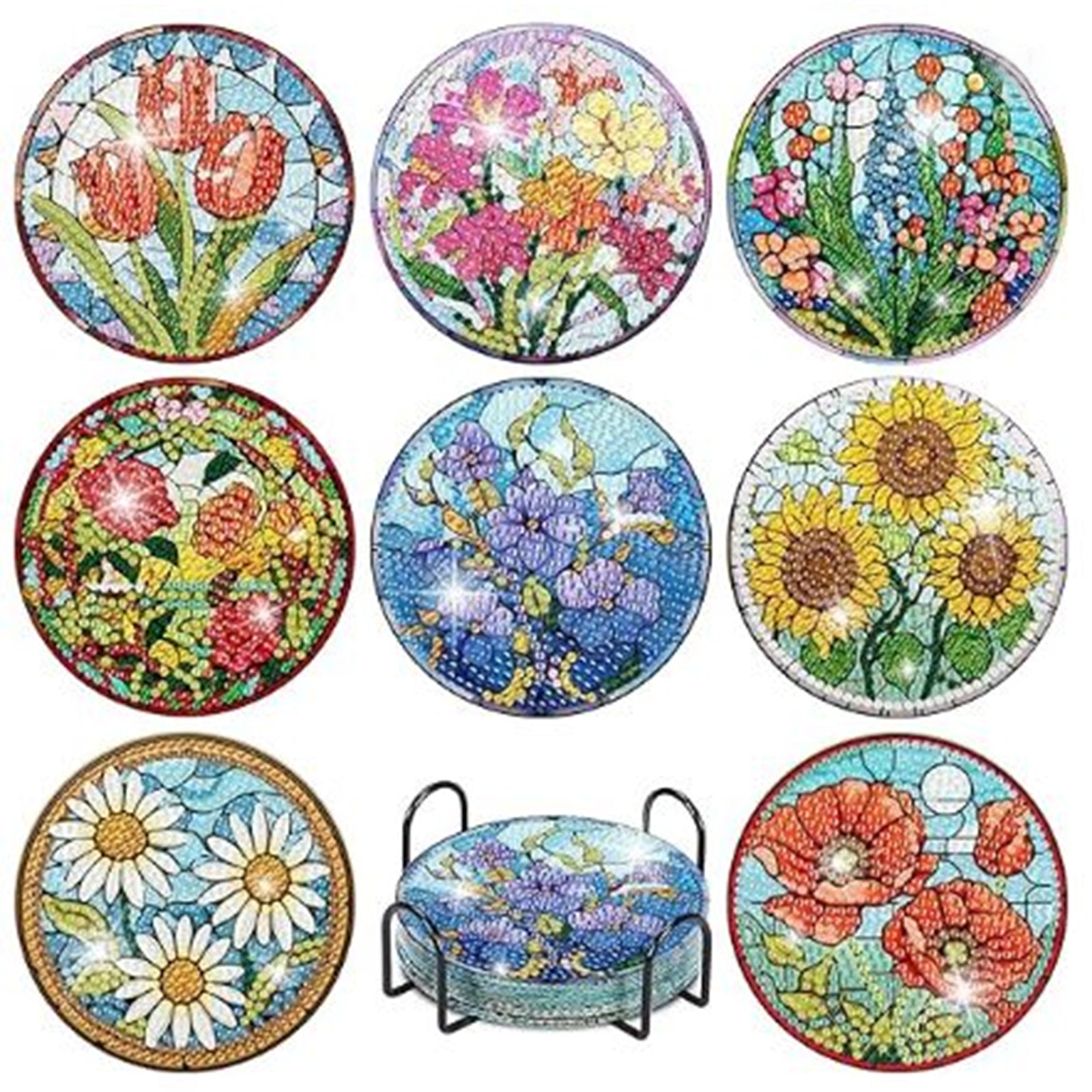 Ju7cer Ensemble de sous-verres de peinture au diamant 5D à perçage complet 8 pièces - Art floral au diamant | Cadeau de bricolage de pierres précieuses 4 × 4 pouces (10 × 10 cm)