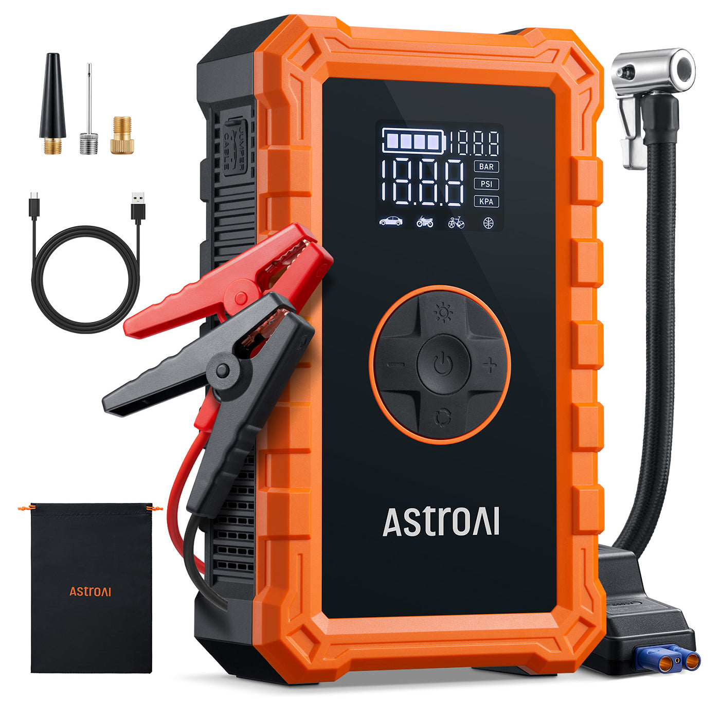 ASTROAI S8 Air Jump Starter avec compresseur d’air, démarrer de voiture portable 1500 A (6,0 L essence/3,0 L diesel), gonfleur de pneu sans fil 150 psi avec arrêt automatique
