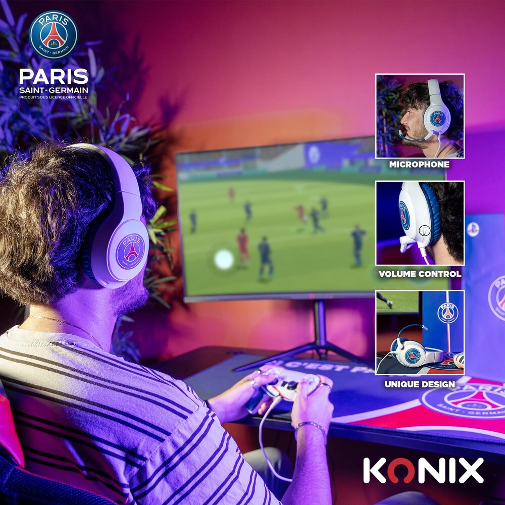Konix Casque gaming filaire PSG - PC/PS5/Switch 2/Xbox Series - Microphone 45°, Câble 1.5m, Prise Jack 3.5mm - Blanc et bleu