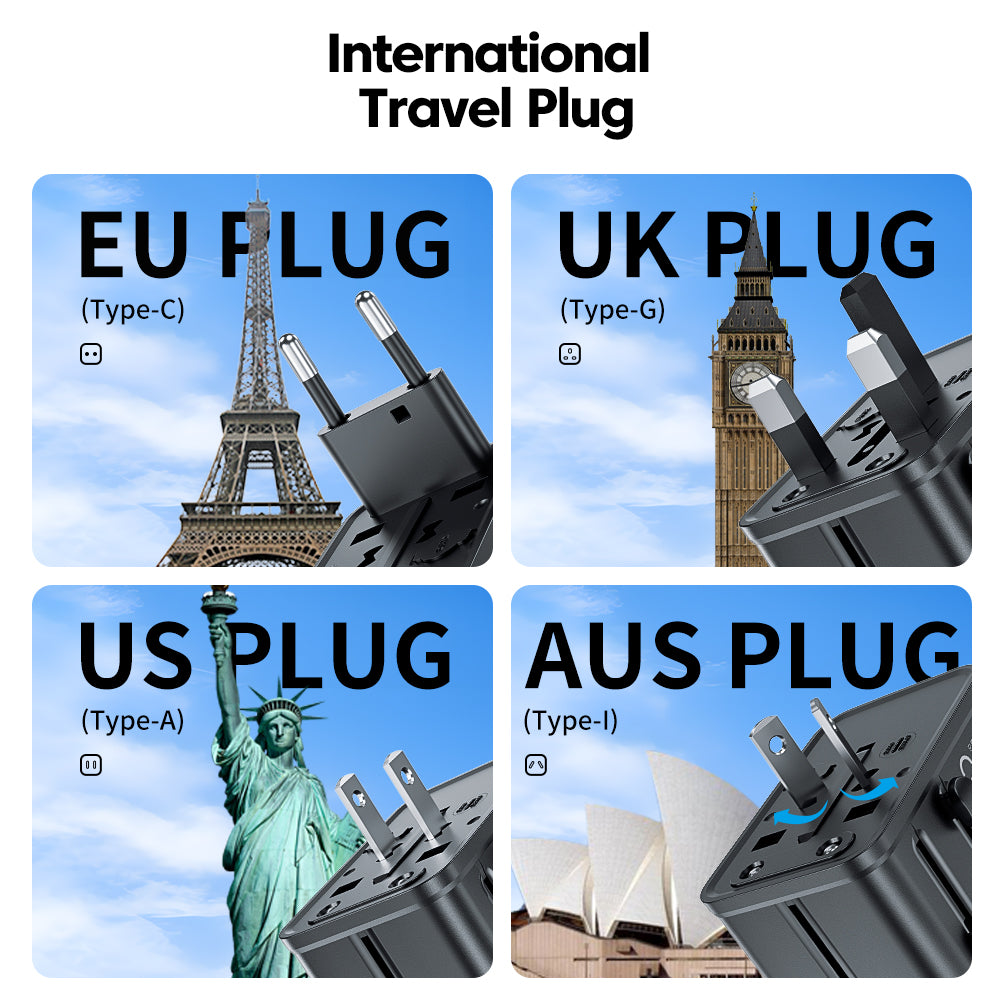 toocki Adaptateur de voyage universel 30 W, chargeur rapide PD – Adaptateur d’alimentation international avec 1 port USB-A et 2 ports USB-C – Adaptateur de prise pour EU, UK, US, AUS