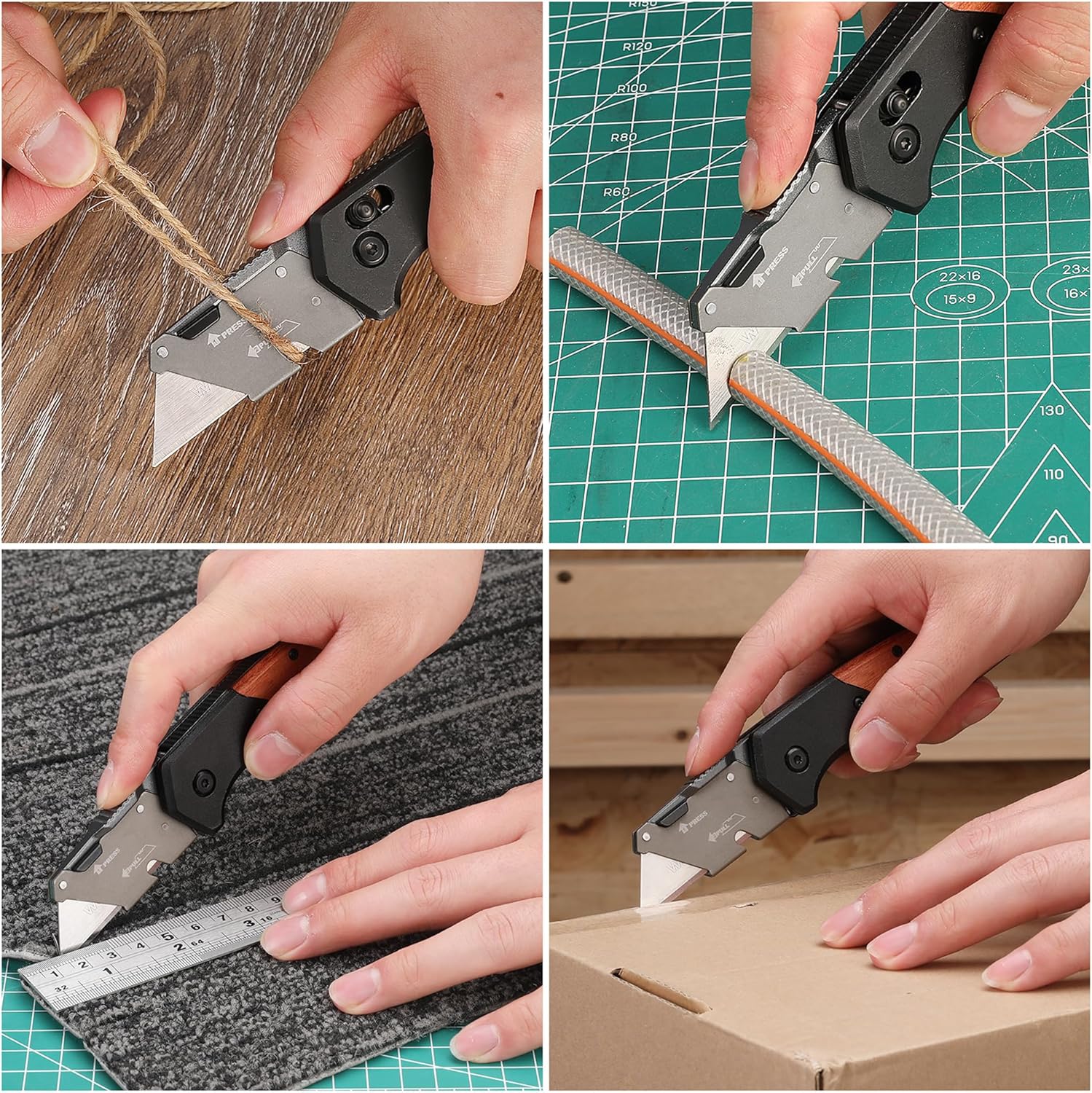 WORKPRO Cutter utilitaire multifonction pliant avec manche en bois, verrou coulissant et clip de ceinture, comprend 10 lames de rechange SK5