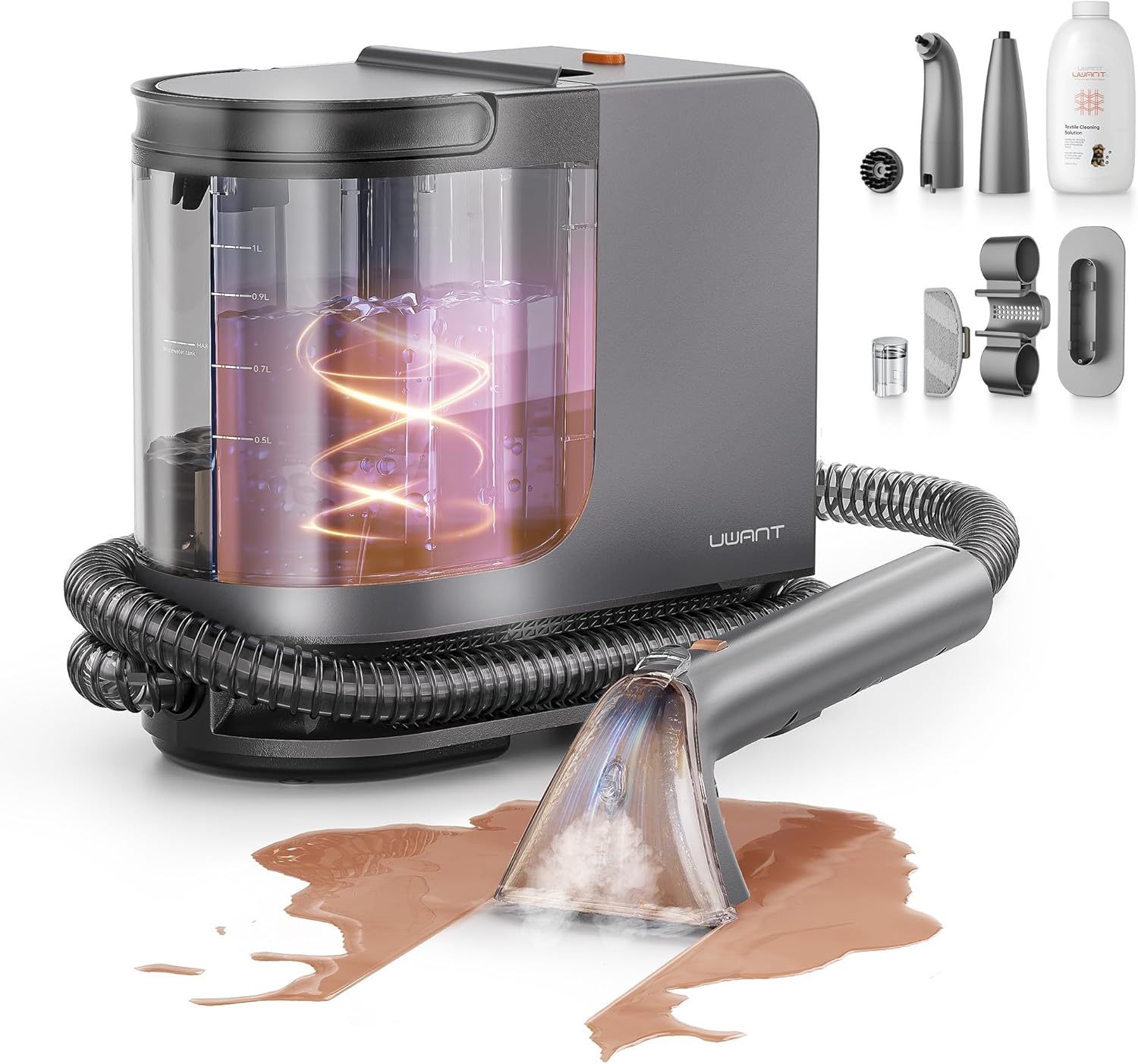 UWANT B400 Nettoyeur de Taches Gris, Vapeur Rapide 30 s, Élimination 100 % des Acariens et 99 % + des Bactéries, Moteur 600 W, Aspiration 18000 Pa, Lits, Canapés, Tapis, Voitures et Sols Durs