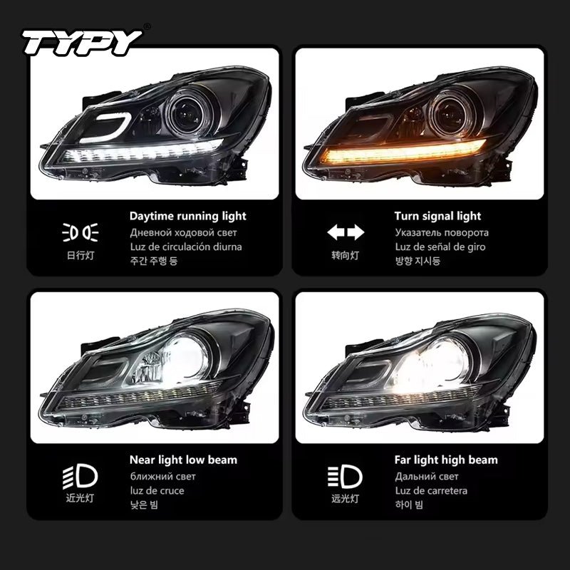 TYPY Phares de voiture pour Mercedes-Benz Classe C W204 2011-2013, ampoules LED, feux de jour, clignotants dynamiques, accessoires de voiture