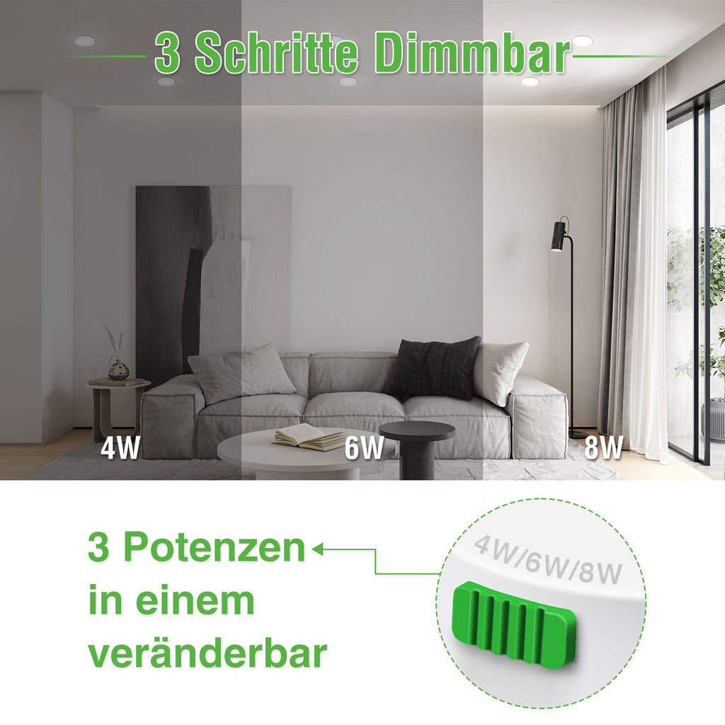 ALIPODLAX Spot LED encastrable, 230 V, Intensité variable, Ultra plat, 68 mm, 3 WT/4 W/6 W/8 W, 3 CCT (3000 K/4000 K/6500 K), IP44