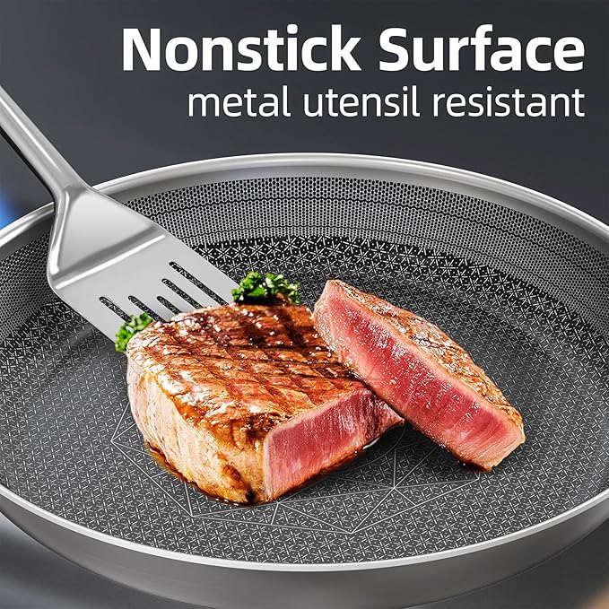 COOKER KING Lot de 3 poêles en acier inoxydable (8 + 10 + 12 pouces), poêles antiadhésives, compatible induction, poêle chef, passe au lave-vaisselle et au four, poignées isolantes, compatible avec tous types de plaques