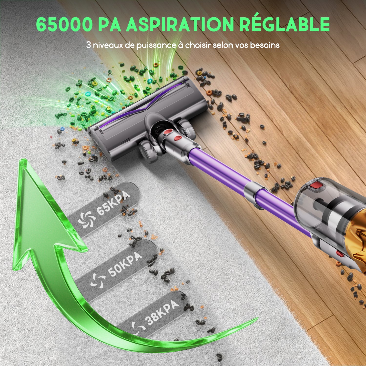 Aspirateur sans fil Daynee, aspiration 65 kPa / autonomie de 70 min, avec affichage, tuyau de 1 m, brosse anti-emmêlement, filtration HEPA*4, pour poils d'animaux, tapis et sols durs
